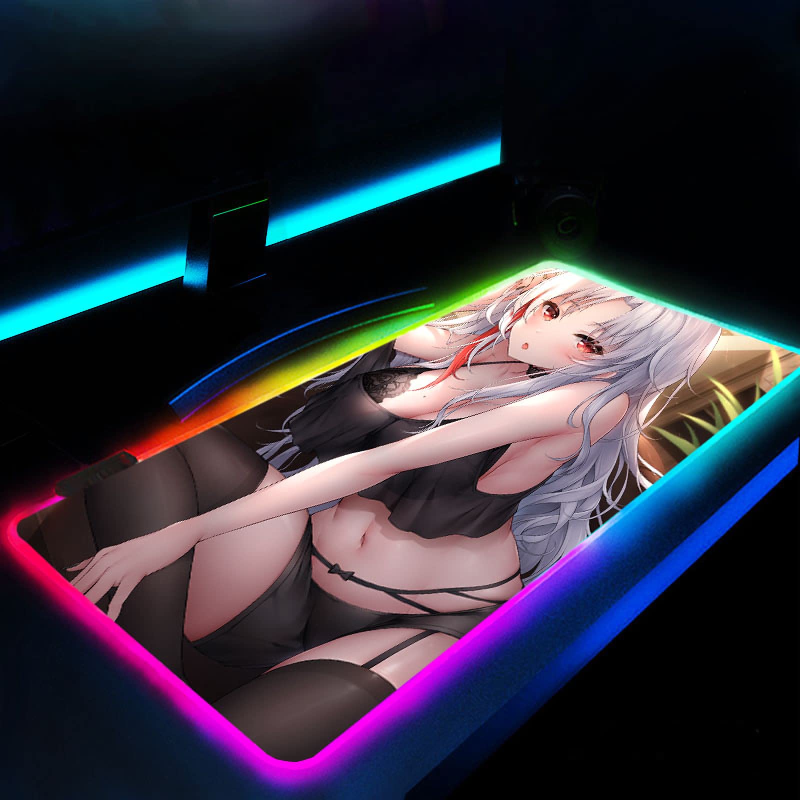 Anime Girls RGB Gaming Mouse Pad - Large Extended LED Glowing Mouse Mat with Multicolor Light Modes, Soft Anti-Slip Rubber Base, Waterproof (12