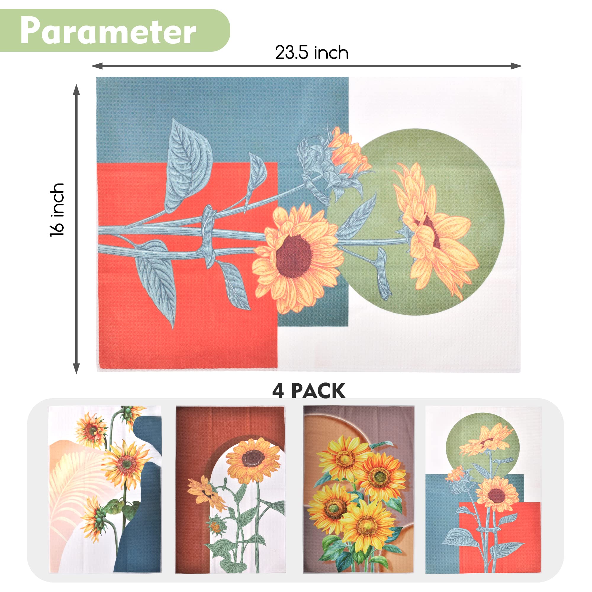 Rainleaf 4 Pack Absorbent Waffle Weave Kitchen Towels Set - Funny Saying Dishcloths, Decorative Hand Towels & Tea Towels for Cooking, Baking, Dish Drying - Sunflower Pattern Home Decor