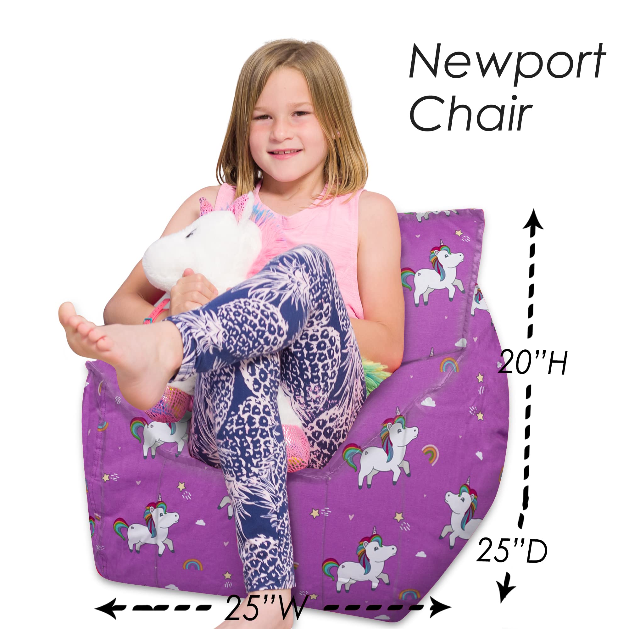 Posh Creations Sturdy Comfortable Bean Bag Chair for Gaming, Reading & TV - Newport Canvas Chair with Unicorn & Rainbows on Purple | Perfect for Kids' Room, Dorm Lounge & Relaxation Space