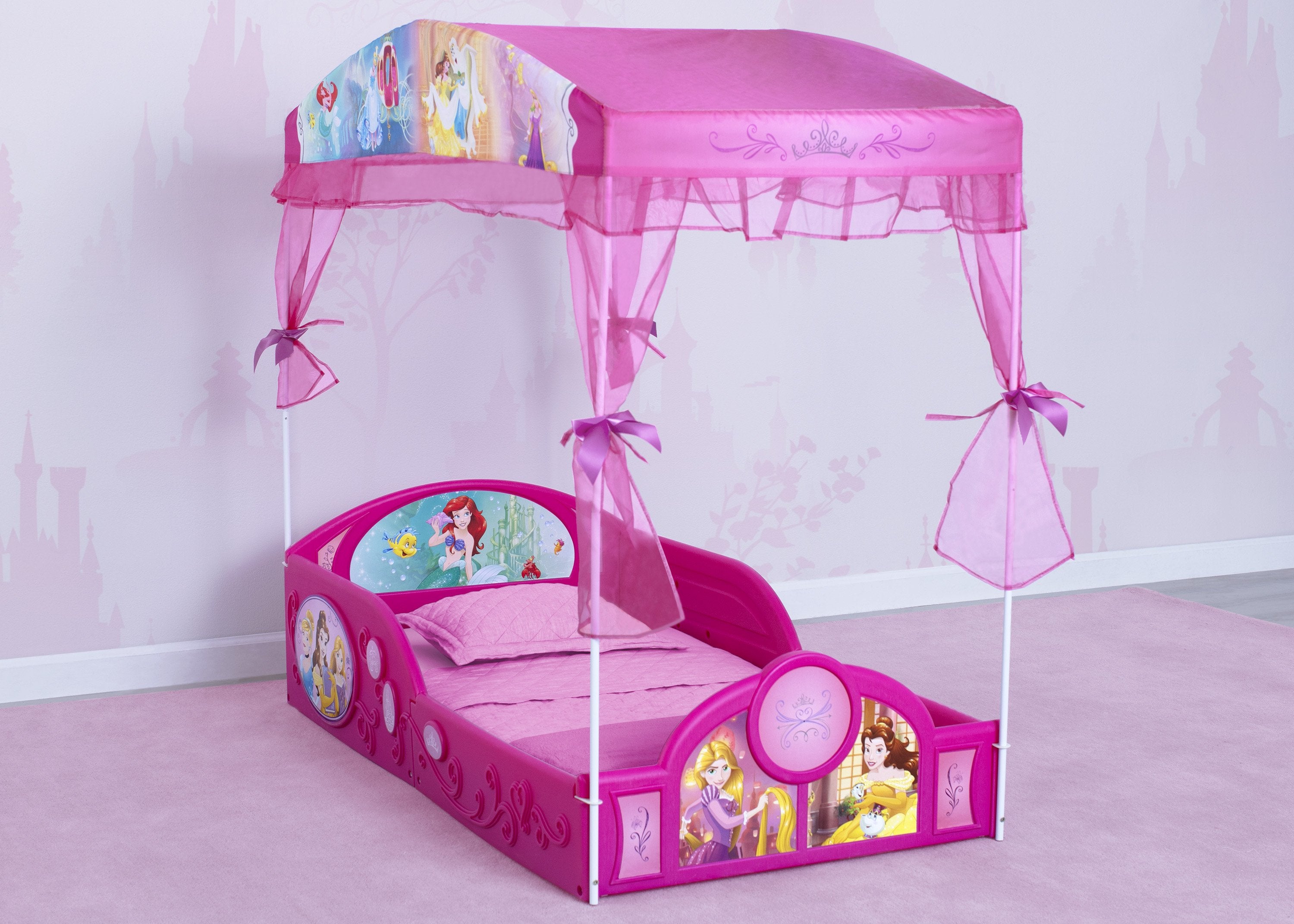 Disney Princess Plastic Toddler Bed with Canopy - Pink Kids Sleeping Bed for Girls Room Decor | Delta Children Sleep and Play Bed for Nursery, Bedroom & Playroom