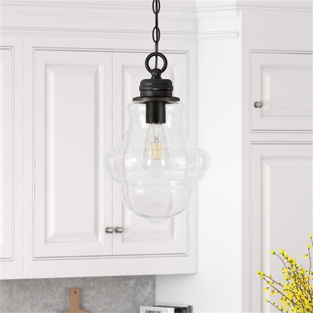 Henn&Hart 9 Inch Blackened Bronze Metal and Glass Pendant Light Fixture - Perfect for Dining Room, Kitchen Island, or Entryway Lighting