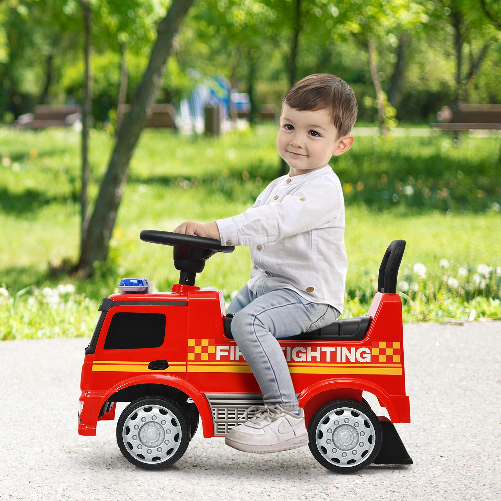 **Costzon Licensed Mercedes Benz Ride-On Push Car for Toddlers 18-36 Months - Red Fire Truck Design with Steering Wheel, Horn, Headlights & Under Seat Storage - Foot-to-Floor Riding Toy for Boys & Girls - Perfect for Indoor & Outdoor Play, Birthday Gifts & Pretend Driving Fun**