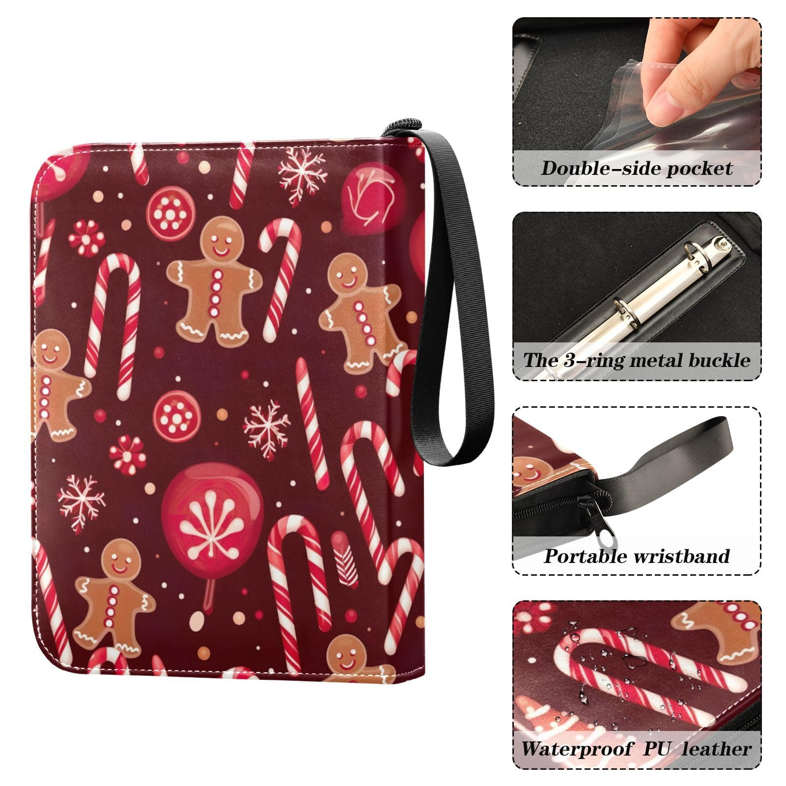 Christmas Gingerbread Man Red 4-Pocket Trading Card Binder - Holds 400 Cards with 50 Sleeves, 3-Ring Zip Closure | Perfect for Sports Cards, Game Collectibles & Photo Storage | Great for Collectors, Tournaments & Gift-Giving