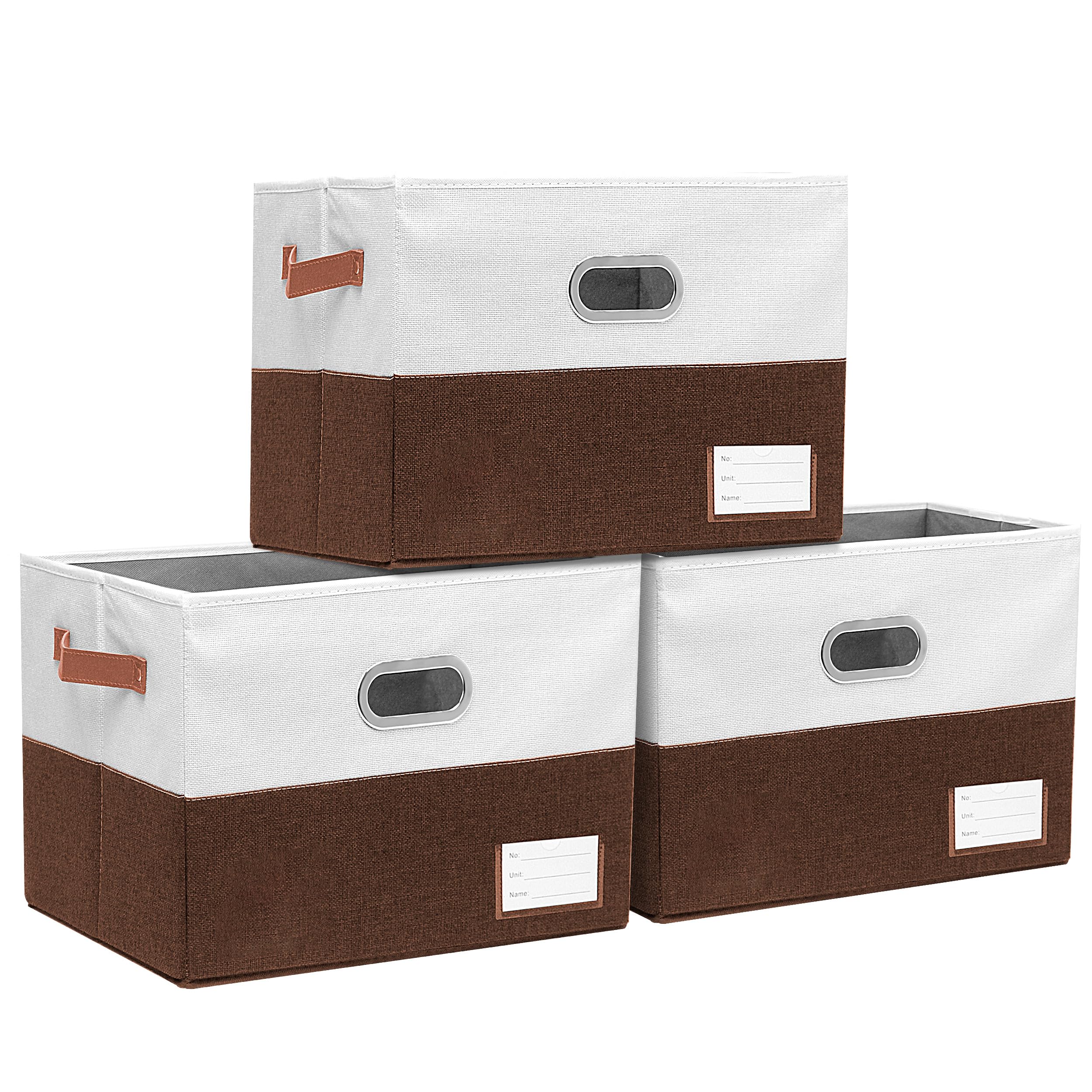 Foldable Fabric Storage Bins with Handles - Collapsible Closet Organizer for Bedroom, Living Room & Office - Multi-Purpose Storage Boxes (Brown & White, 3 Pack 17x11.8x10.6 Inches) - Perfect for Clothes, Toys & Home Organization