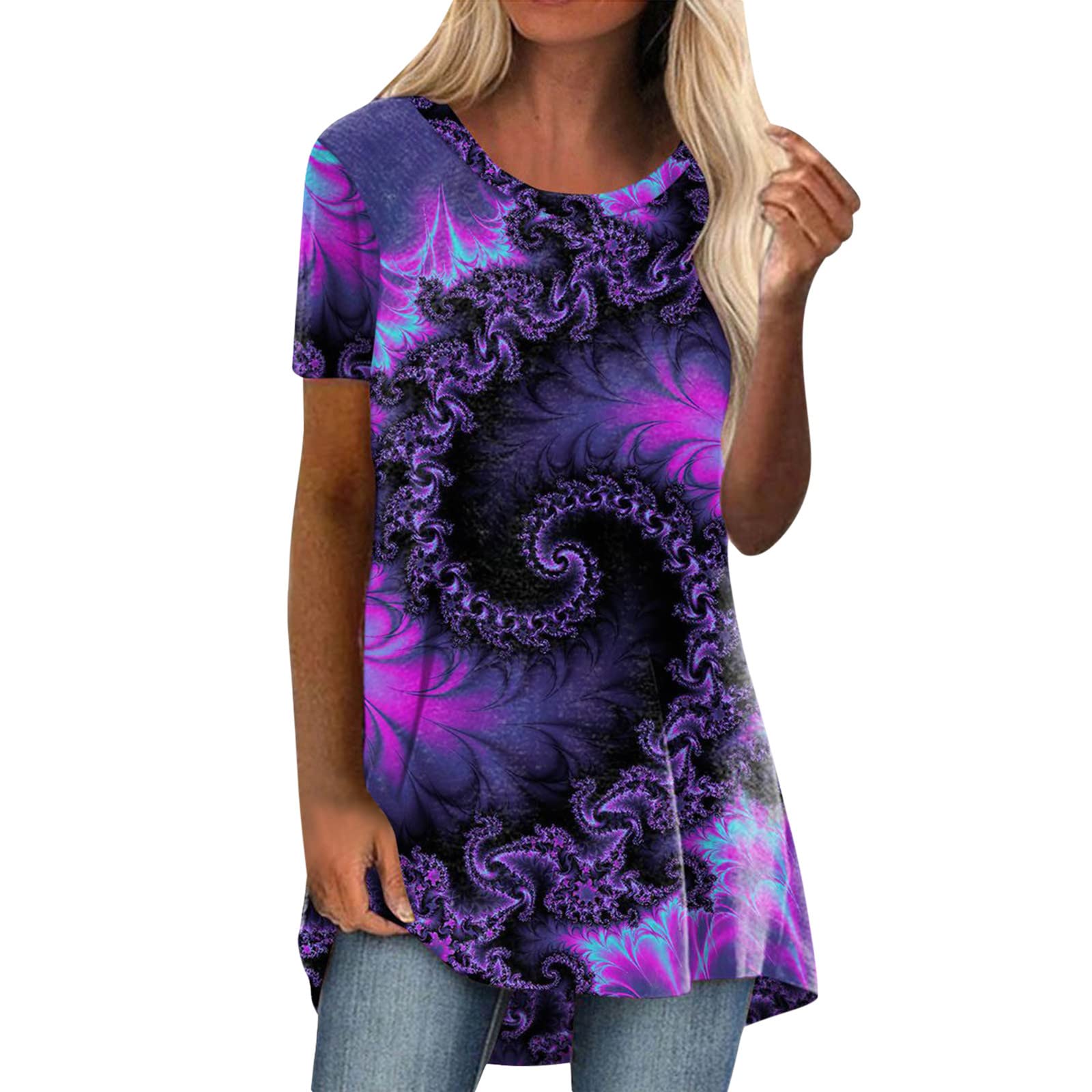 Plus Size Women's Summer Tops - Floral Short Sleeve Blouse with Round Neck | Loose Fit Casual Shirt in Black | Perfect for Beach Outings, Vacation Wear & Everyday Comfort