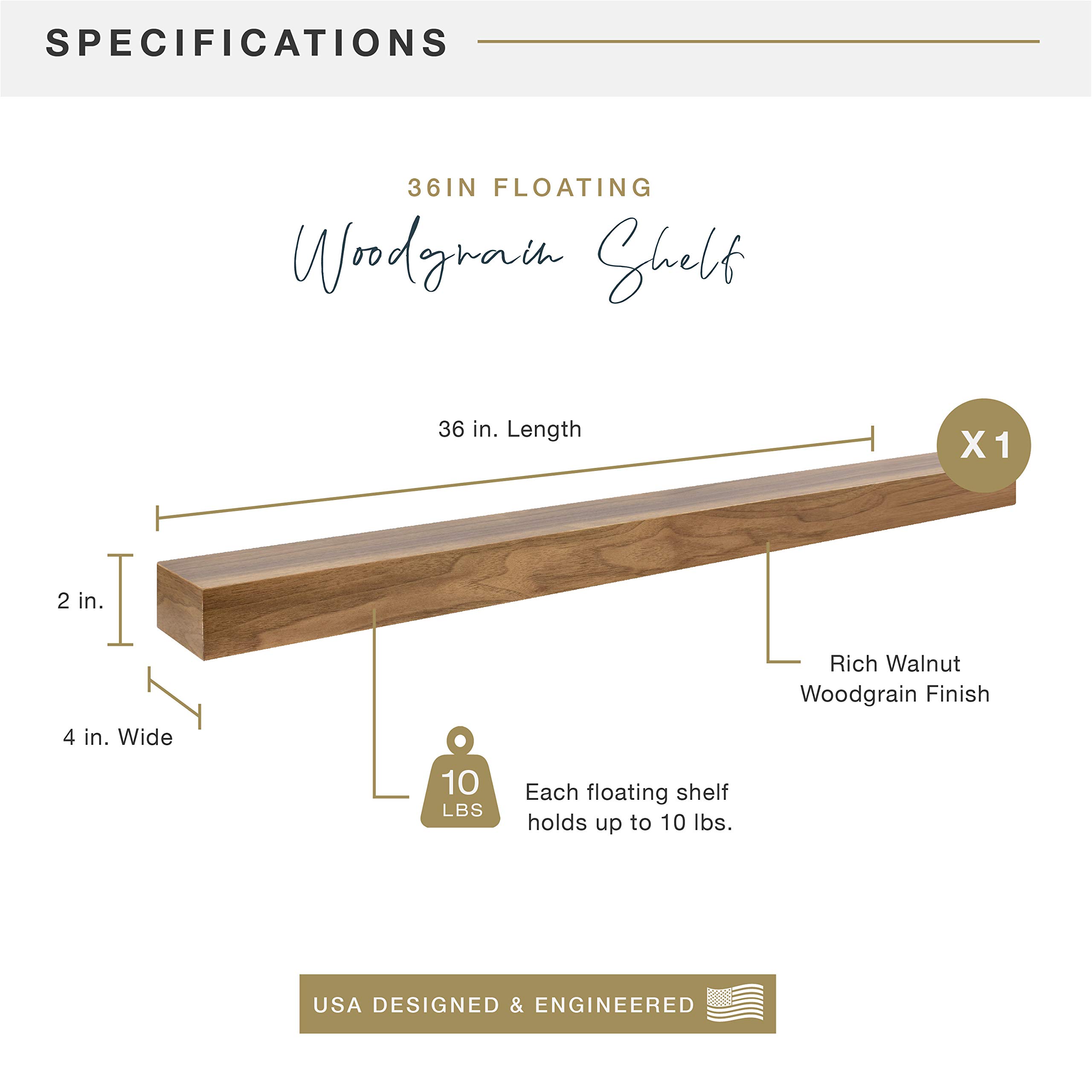 MCS Floating Shelf - 36 x 4 Inch Wall Mounted Wooden Shelf for Home Decor, Walnut Woodgrain Finish - Perfect for Living Room, Bedroom, Bathroom & Office Storage & Display