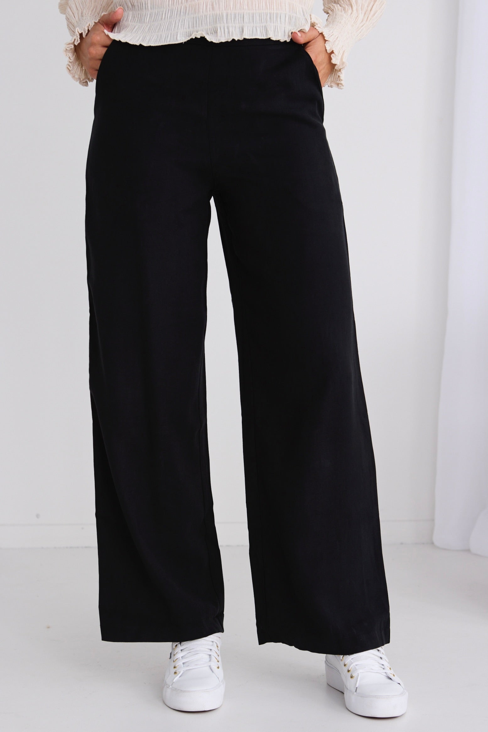 Effortless Black Viscose Deep Band Wide Leg Pants - Comfortable High Waist Lounge Pants for Women, Perfect for Yoga, Home Wear and Casual Outfits