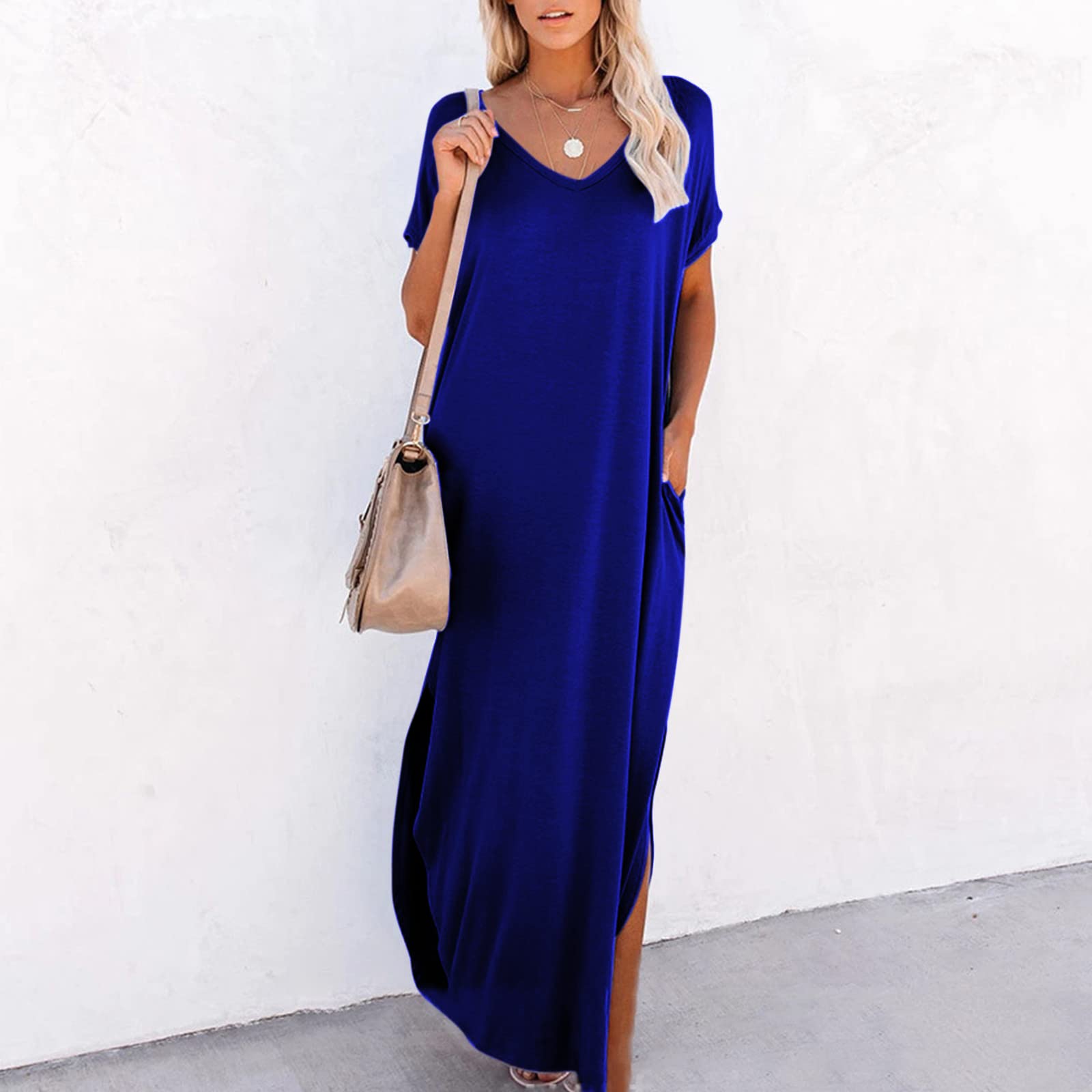 Women's Summer Maxi Dress - Casual V-Neck Short Sleeve T-Shirt Dress in Solid & Striped Patterns | Sexy High Slit Beach Swing Dress for Vacation, Pool Party, and Outdoor Date Night