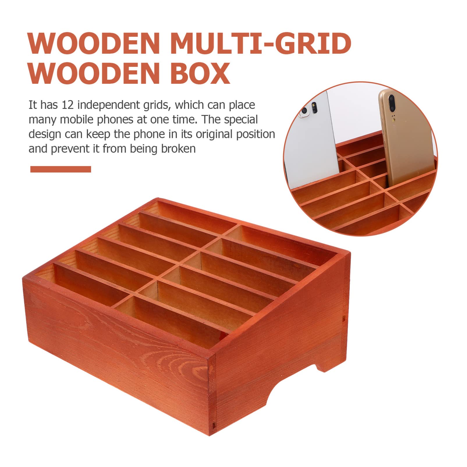Wooden Desktop Phone Storage Organizer Box - 12 Grids Cell Phone Holder for Classroom, Office, Home & Dorm | Multi-Purpose Desktop Organizer for Smartphones, Keys & Stationery (Brown)