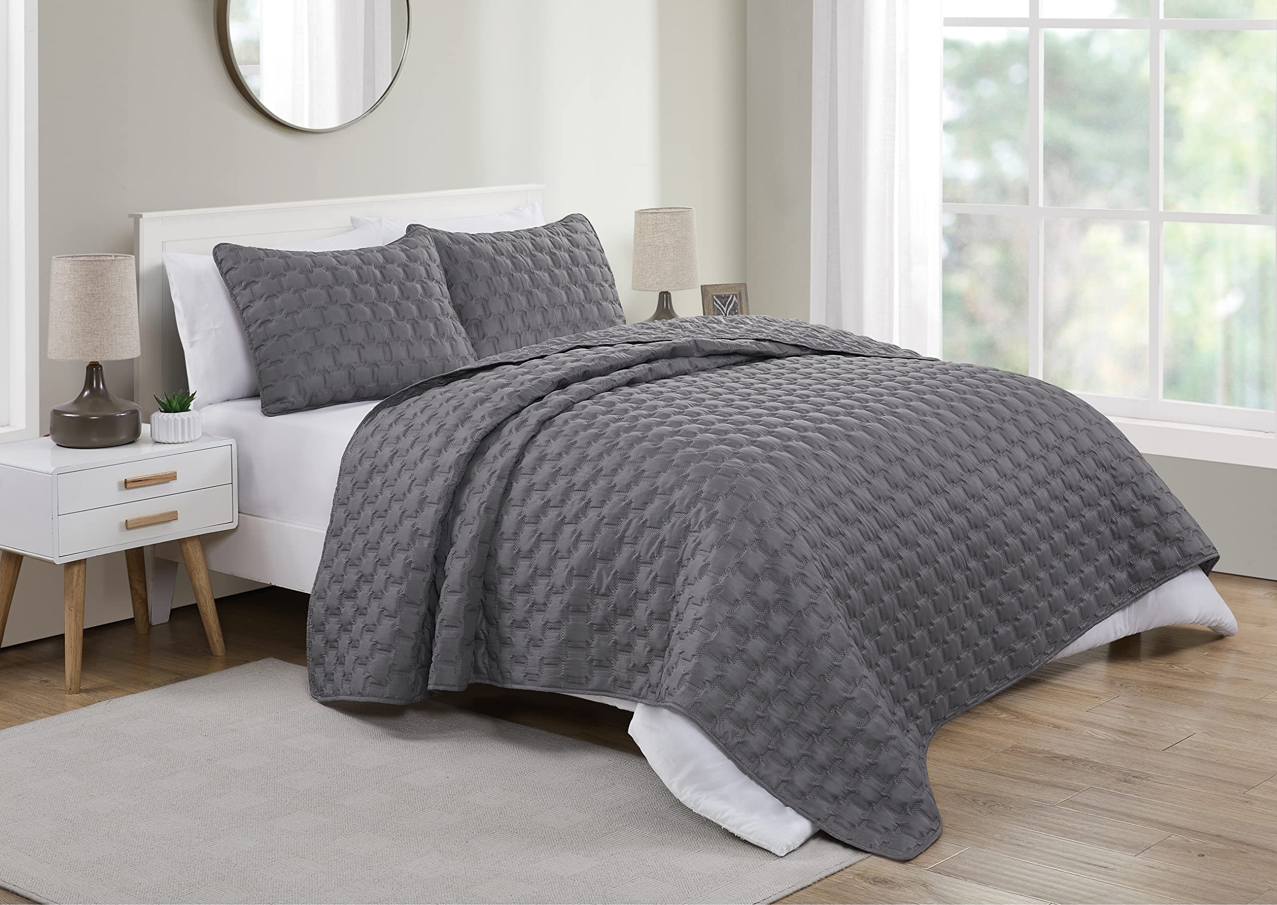 VCNY Home Staton Collection Soft Embossed Geometric Quilt Set - Full/Queen Size, Grey, 3-Piece Bedding Set for Cozy Bedroom Decor & Modern Home Styling