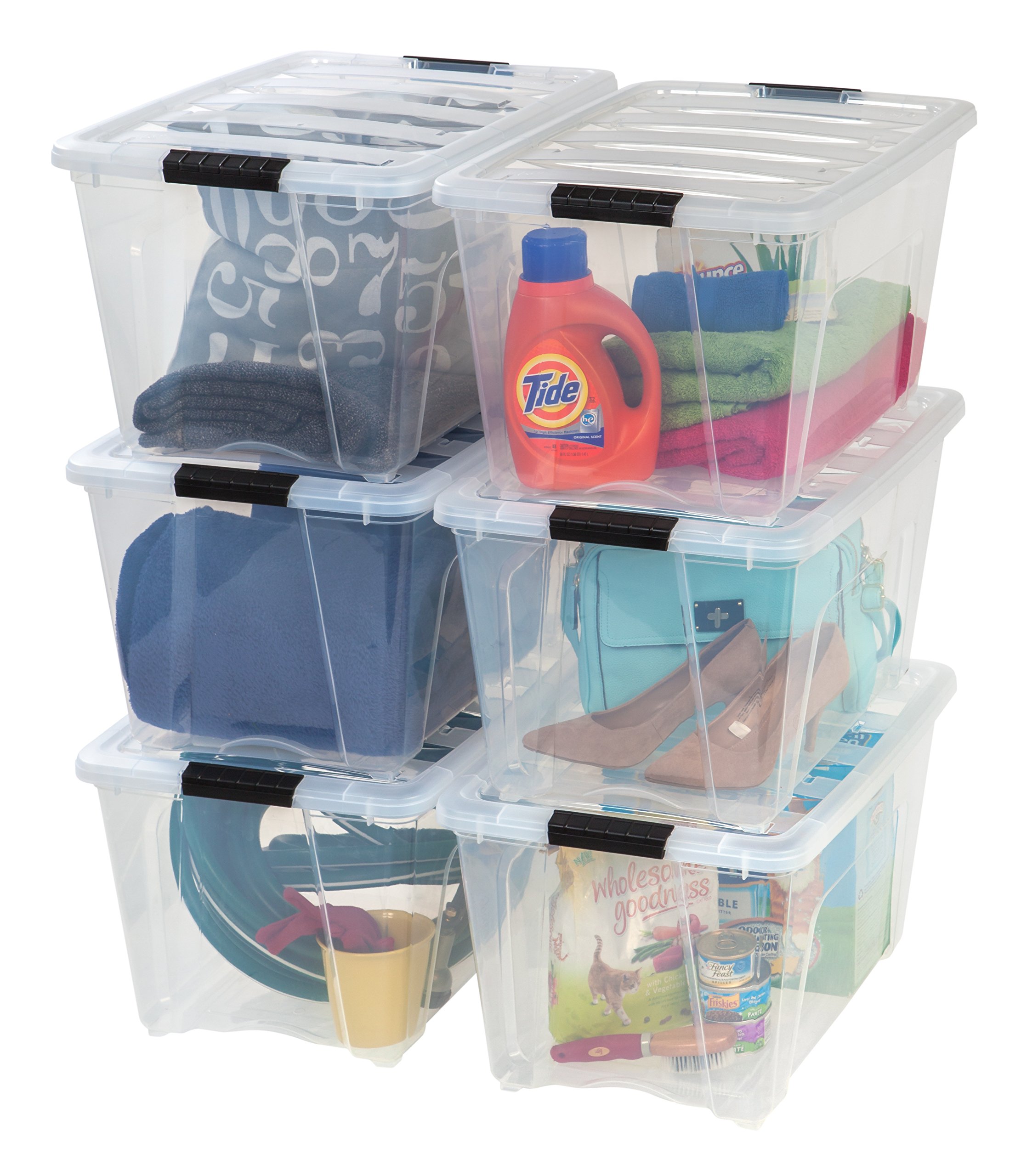 IRIS USA 54 Qt Stackable Plastic Storage Bins with Lids - 6 Pack BPA-Free Clear Organizing Containers | Durable Nestable Bins with Secure Latches & Pull Handles | Made in USA | Perfect for Home Organization, Garage Storage & Closet Decluttering