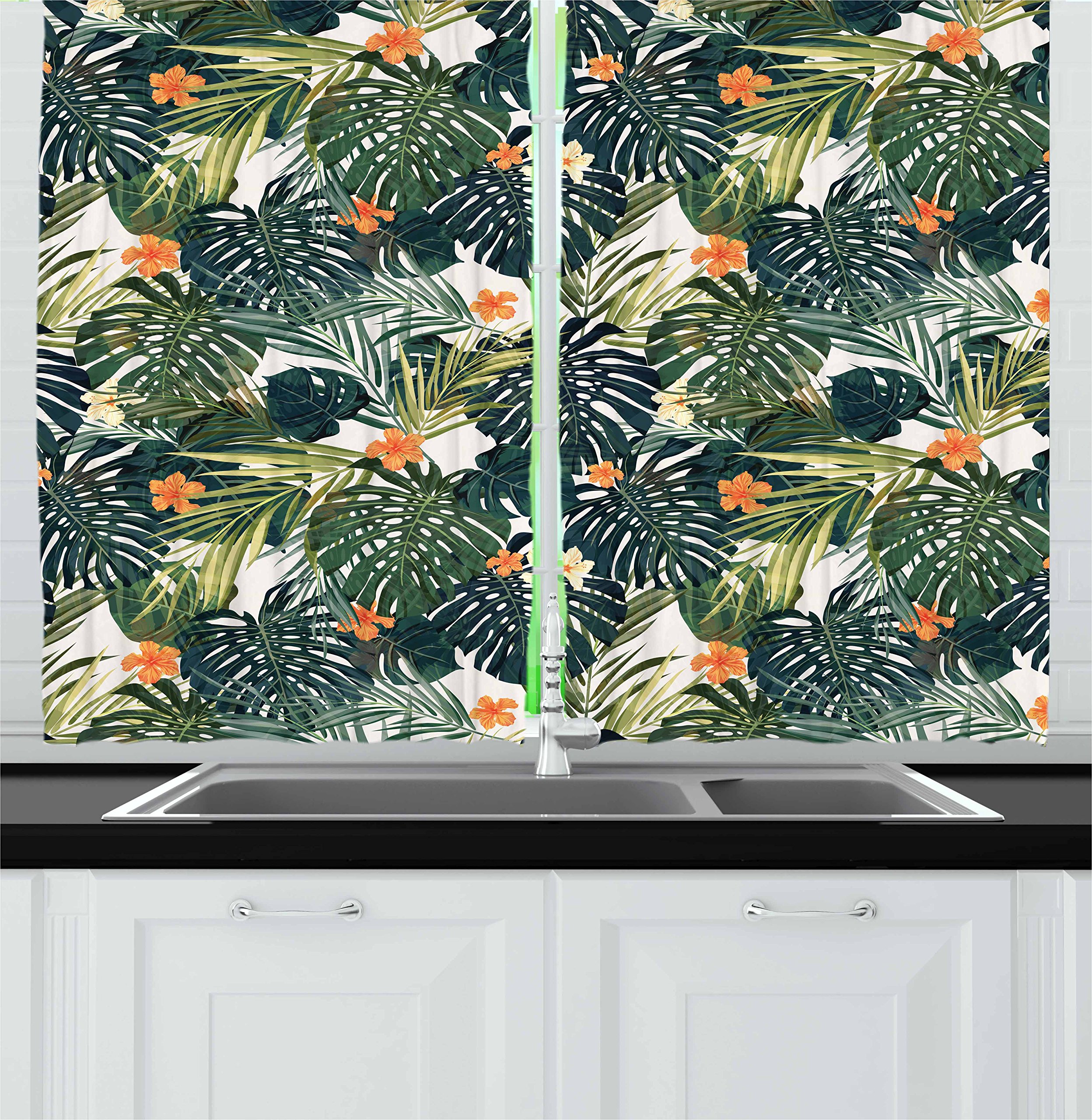 Ambesonne Tropical Kitchen Curtains - 2 Panel Set with Colorful Palm Trees & Botanical Design, 55
