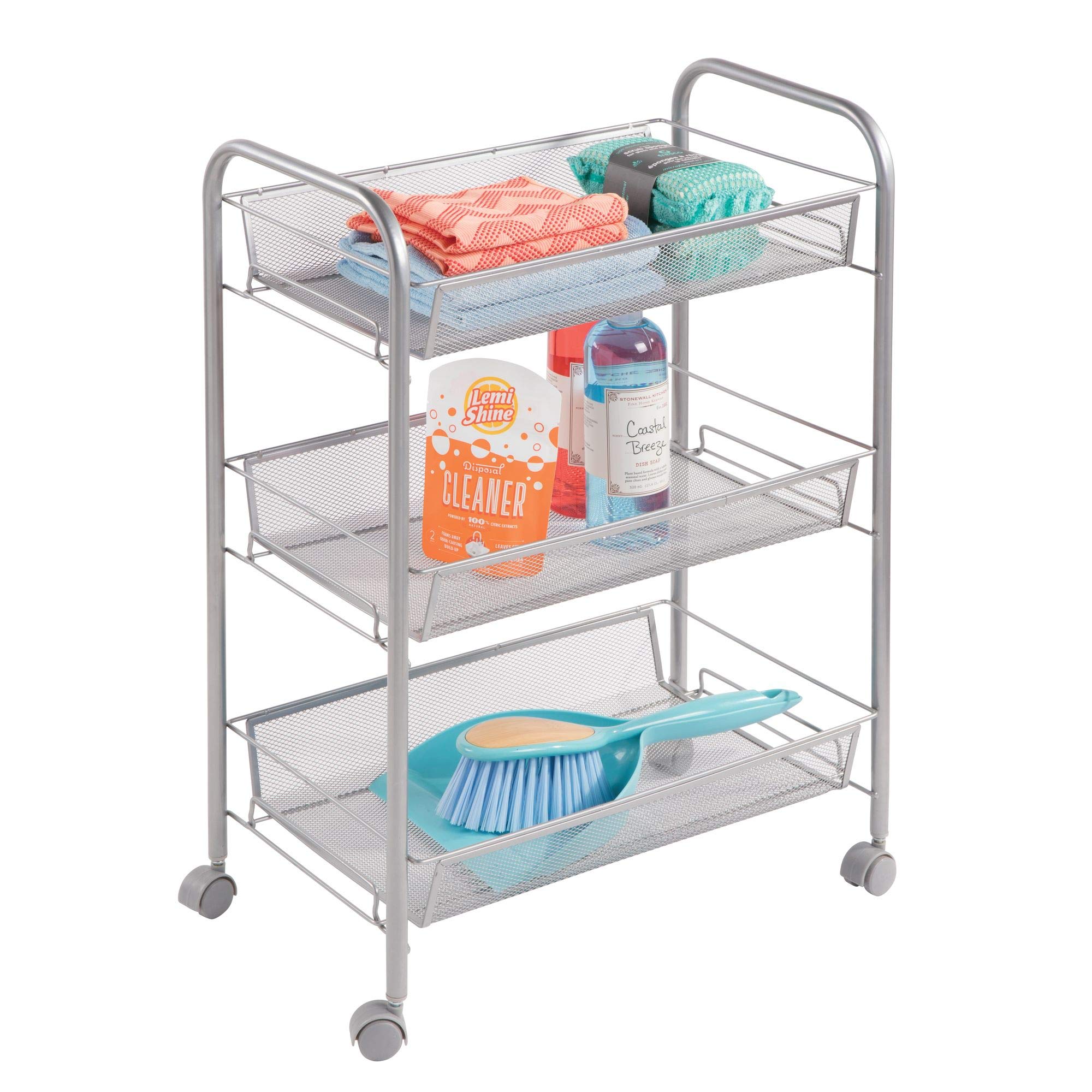 InterDesign 04920 Brio 3-Tier Rolling Storage Cart with 360° Wheels & Removable Mesh Baskets - Silver | Space-Saving Organizer for Kitchen, Bathroom, Office & Dorm Room