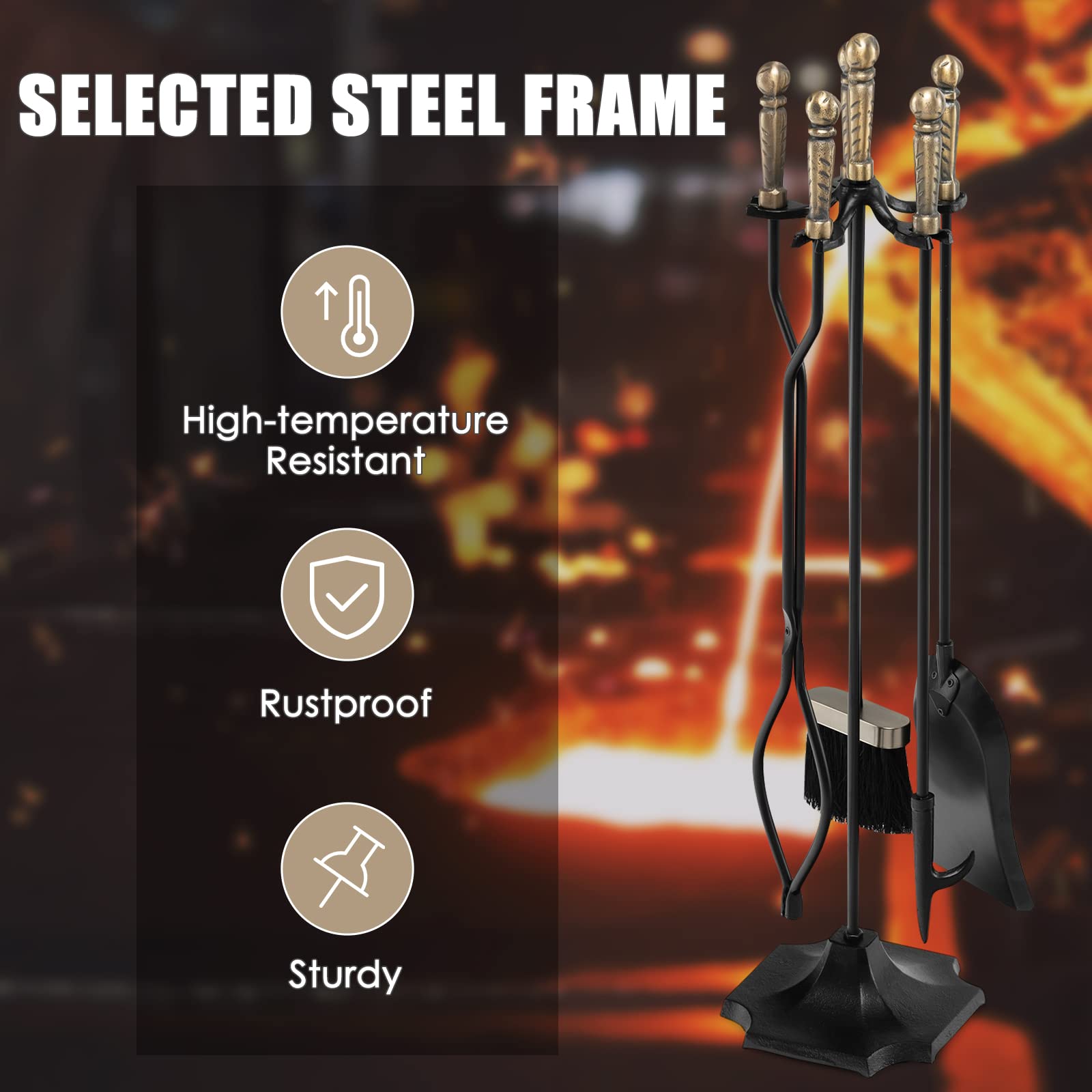 IRONMAX 5-Piece Fireplace Tools Set - Heavy Duty Wrought Iron Fire Pit Accessories with Brush, Shovel, Poker & Tongs - Indoor/Outdoor Fireplace Tool Set for Wood Stove, Fireplace & Campfire Use