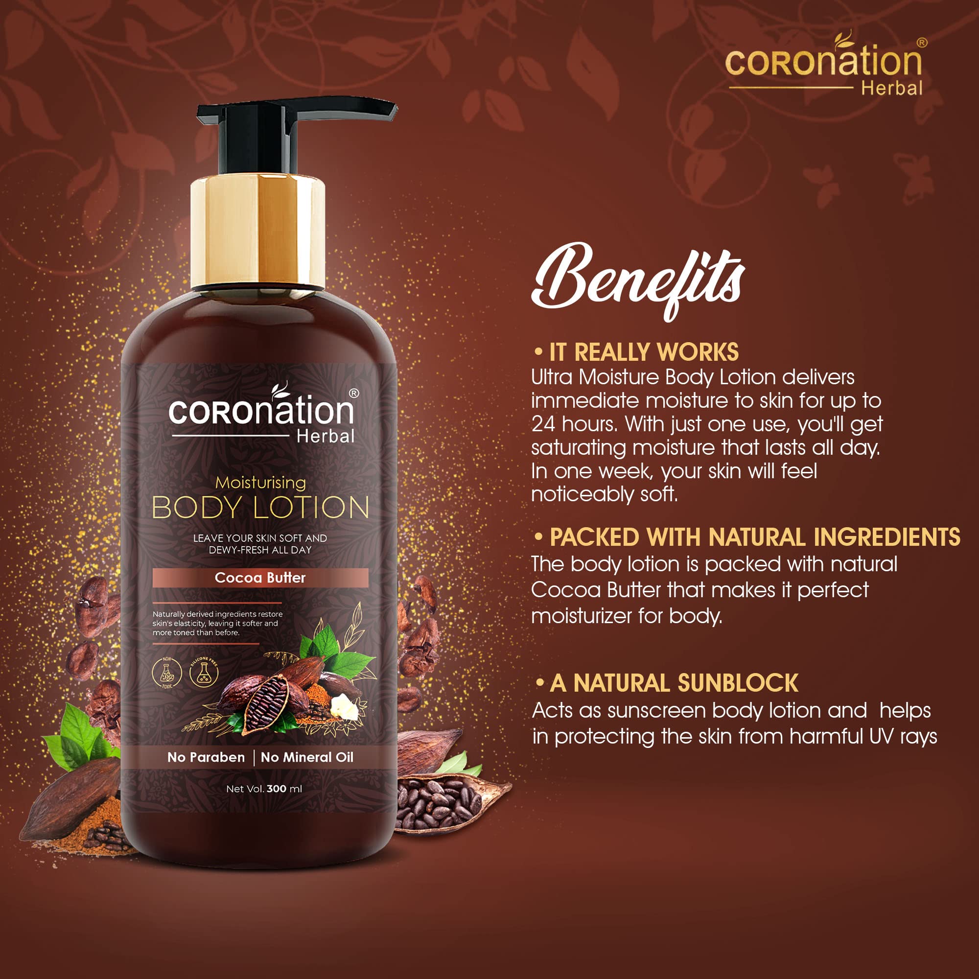 COROnation Herbal Unisex Cocoa Butter Moisturizing Face & Body Lotion - 300ml X 2 (Pack of 2) | Deep Hydration for Dry Skin, Natural Skincare for Men & Women | Perfect for Daily Moisturizing, After Shower Care & Travel Essentials