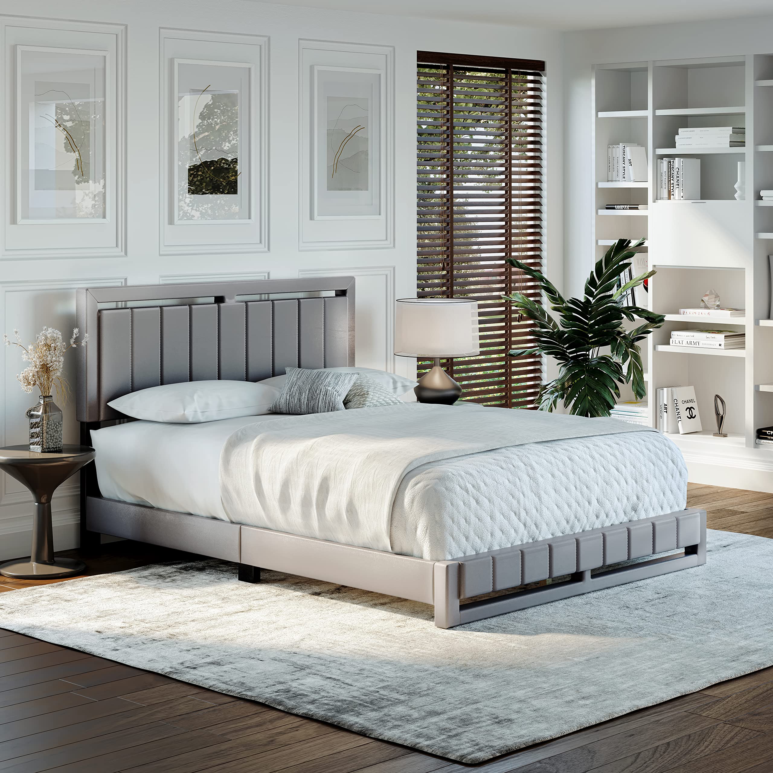 Boyd Sleep Beaumont Upholstered Platform Bed Frame with Headboard - No Box Spring Needed - Faux Leather, Grey, Full Size - Modern Bedroom Furniture for Master & Guest Rooms
