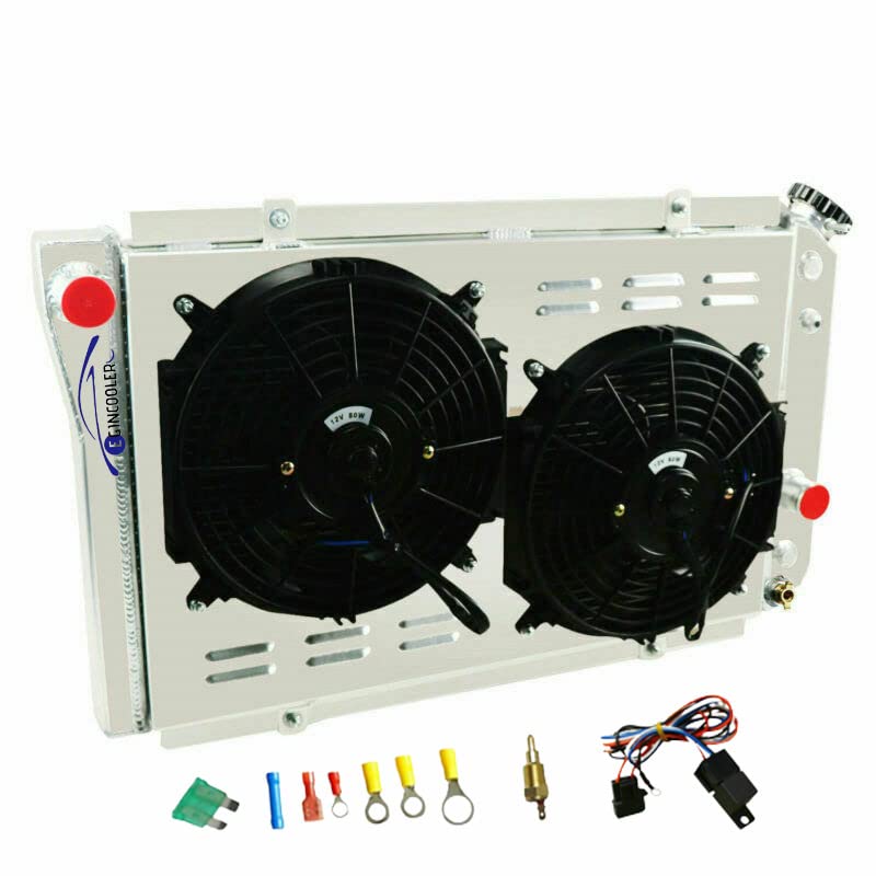High-Performance 4-Row Aluminum Radiator for 1982-2002 Chevy S10 S-10 Blazer L4 V6 & 1984-1990 Chevy Corvette 5.7L V8 - All Aluminum Construction with Fan Shroud & Relay Kit - Perfect for Engine Upgrades and Off-Road Adventures