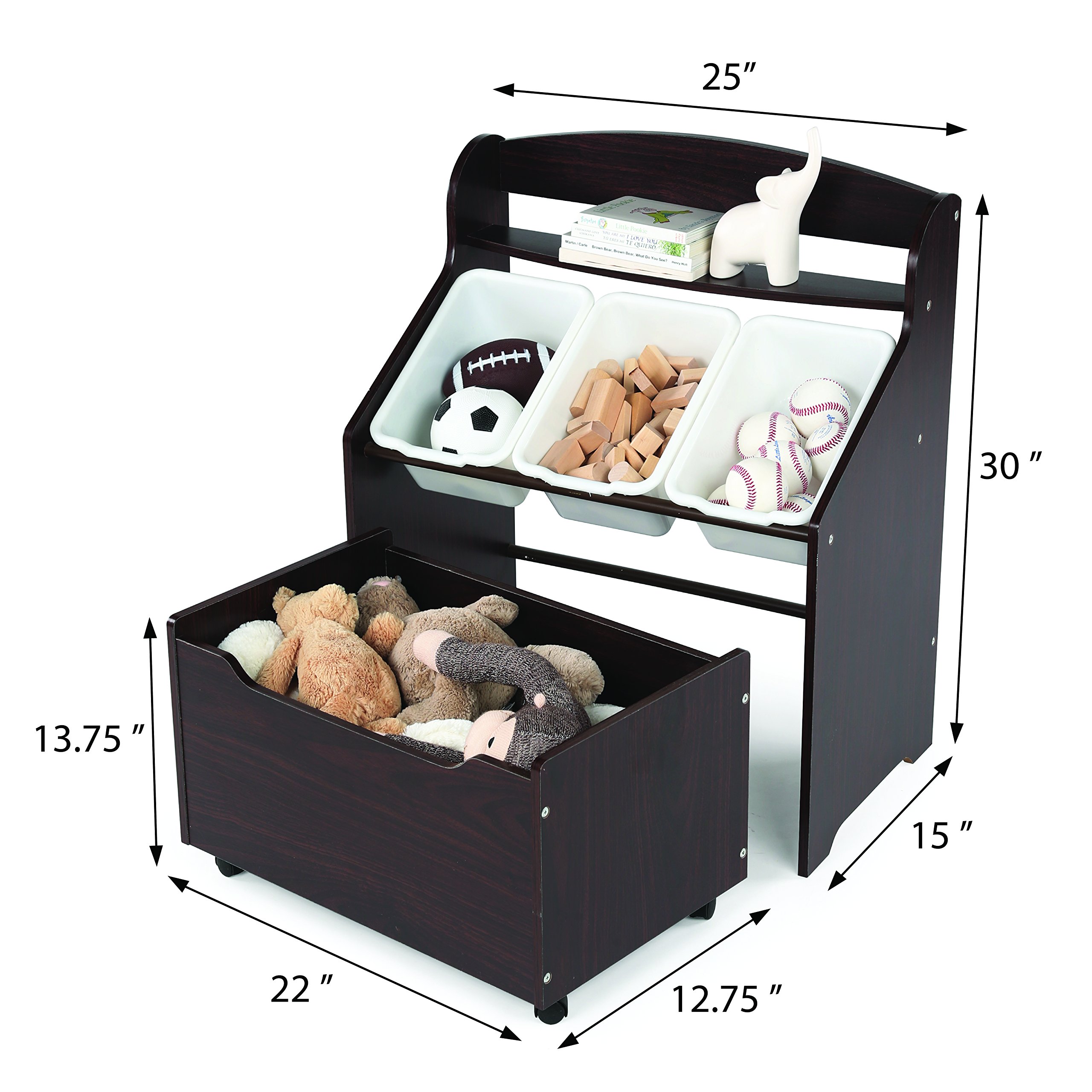 Humble Crew Toddler-Size Storage Unit with Rolling Toy Box - Espresso & White - Kids Room Organization & Toy Storage Solution for Playrooms & Daycares