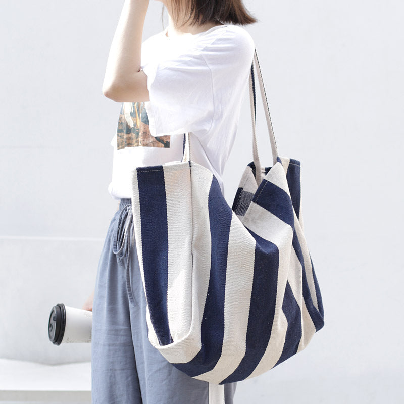 Stylish Striped Canvas Tote Bag for Women - Large Capacity Fashion Shoulder Bag - Durable Casual Shopping Tote - Perfect for Groceries, Beach Trips & Daily Essentials