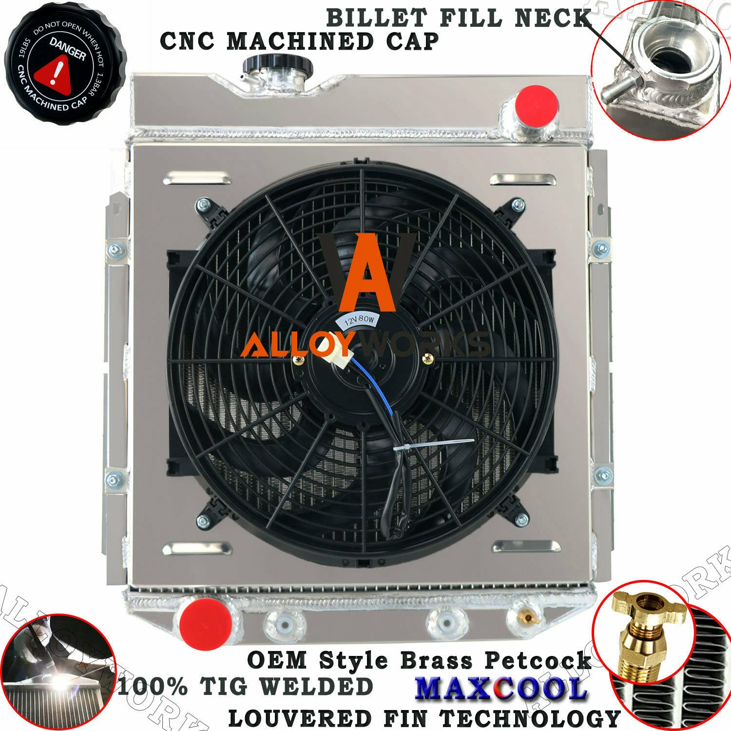 AlloyWorks 4-Row High Performance Aluminum Radiator with Shroud Fan & Relay Kit - Compatible with 1964-1966 Ford Mustang, 1960-1965 Falcon, 1961-1965 Mercury Comet V8 - Perfect for Classic Car Restoration & Hot Rod Upgrades