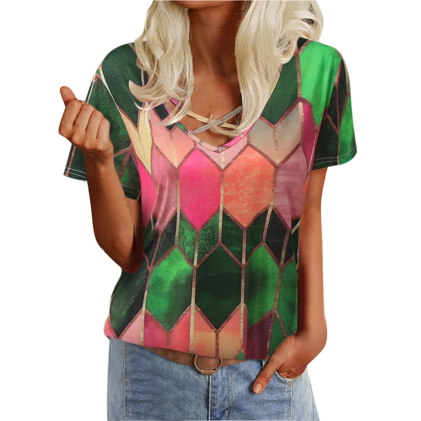 Vintage Diamond Print Short Sleeve Women's Fitted T-Shirt - Retro Casual Round Neck Top for Spring & Summer | Perfect for Daily Wear, Weekend Outings and Casual Date Nights