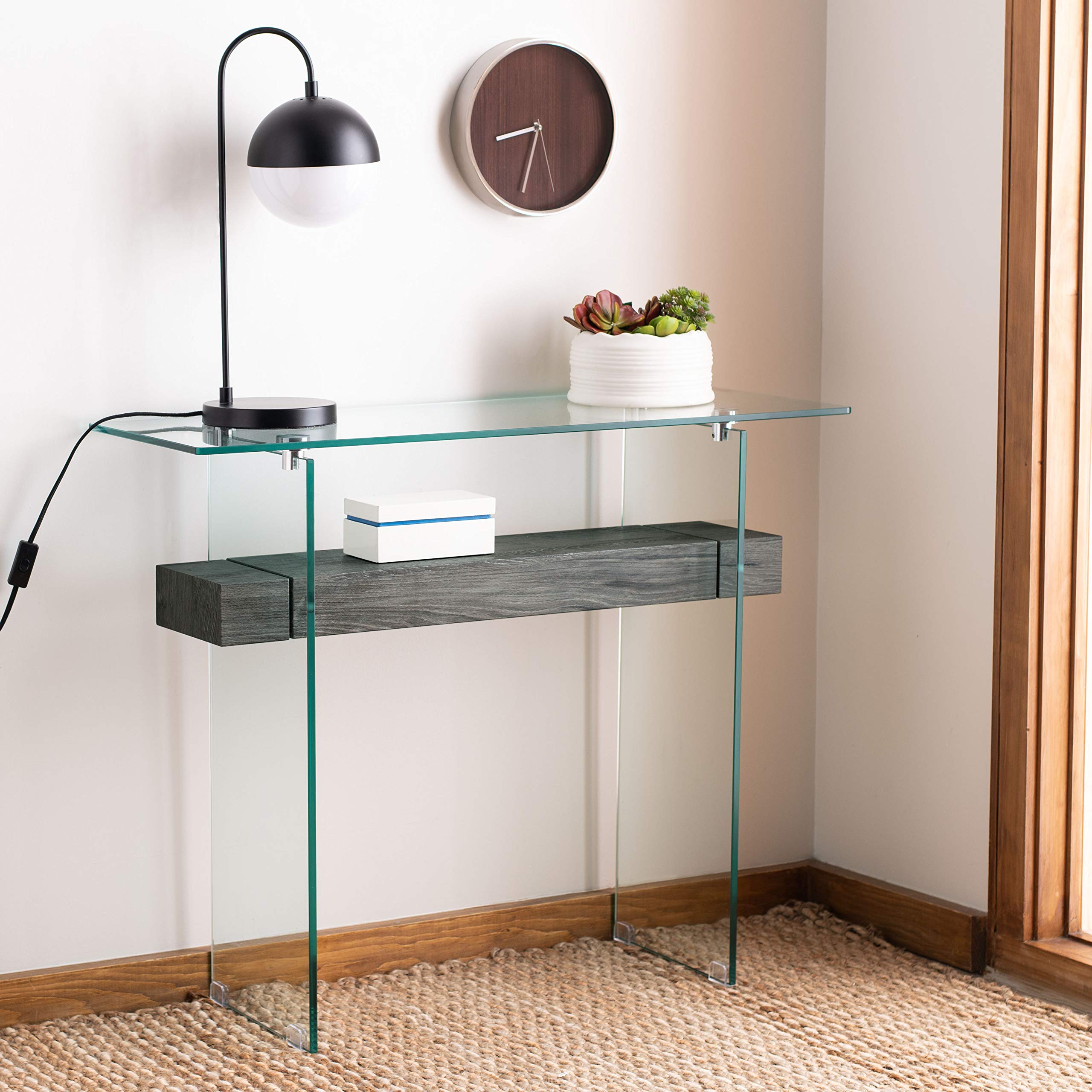 Safavieh Kayley Modern Glass & Black Oak Console Table - Elegant Entryway, Living Room, or Hallway Furniture for Stylish Home Decor