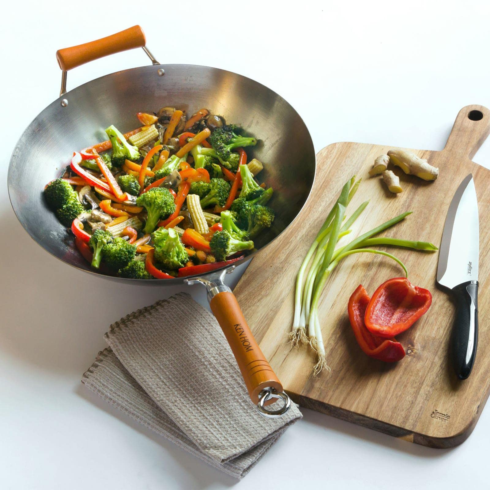 Ken Hom KH432003 Traditional Carbon Steel Wok - 32cm, Induction Compatible, Metal Utensil Safe, Dishwasher Not Recommended - Perfect for Stir-Frying, Sautéing & Asian Cooking