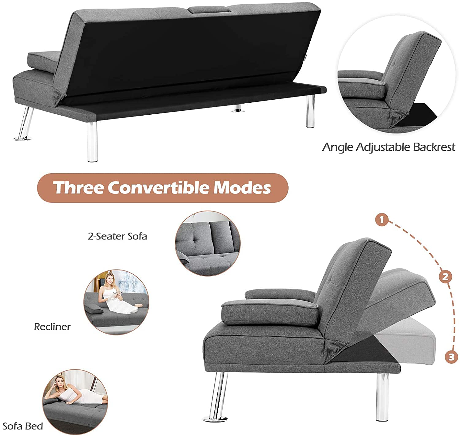 Moccha Folding Futon Sofa Bed - Convertible Couch with Metal Legs & Linen Upholstery, Full Size Sleeper Sofa for Small Spaces, Apartments, Dorms, Guest Rooms - Light Grey | Space-Saving Multi-Functional Furniture for Living Room, Bedroom or Office