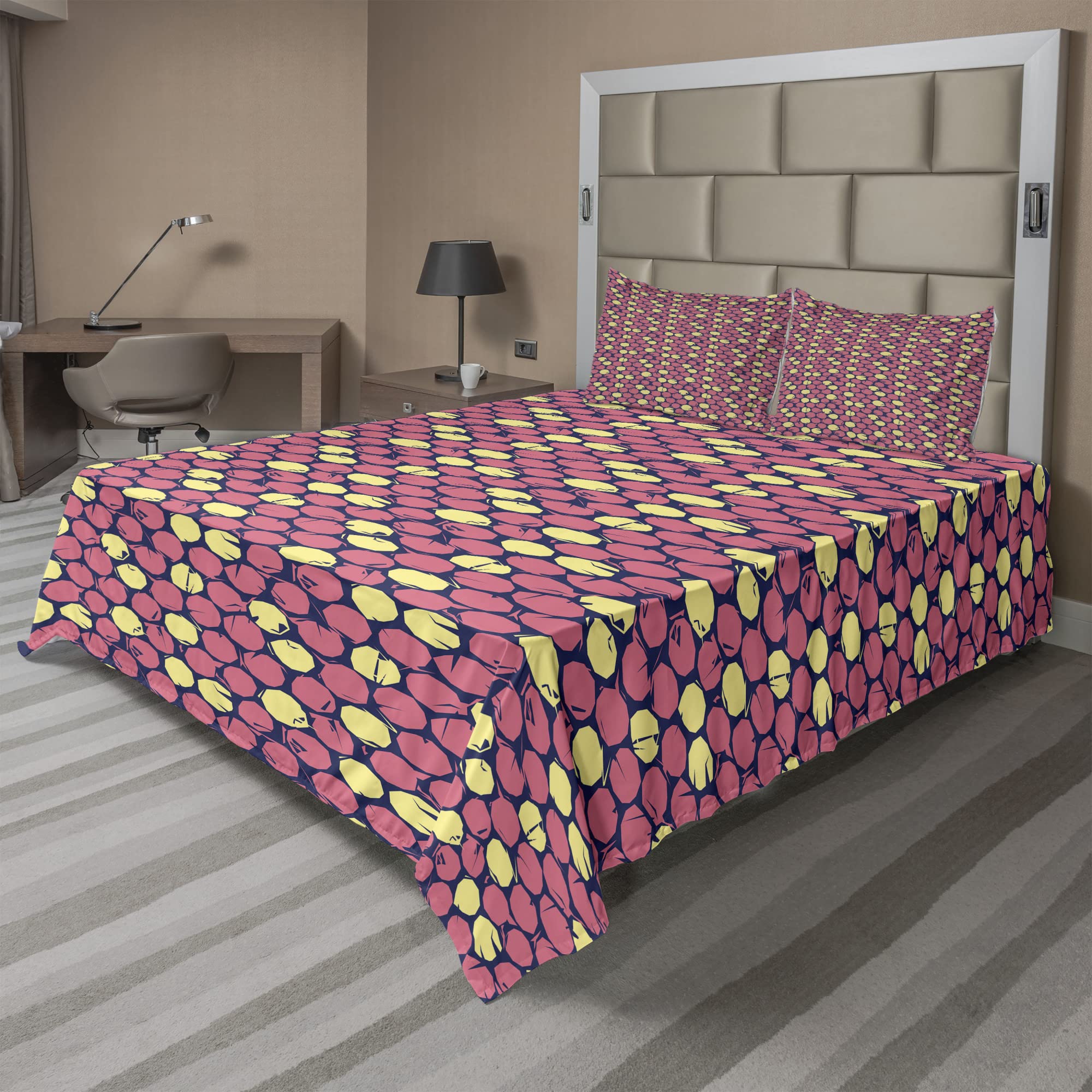 Ambesonne Abstract Sheet Set - Minimalist Polka Dot Print King Size 4-Piece Bedding Set with Fitted Sheet, Flat Sheet & Pillowcases - Pink Pastel & Yellow | Perfect for Modern Bedrooms, Guest Rooms & Dorm Decor