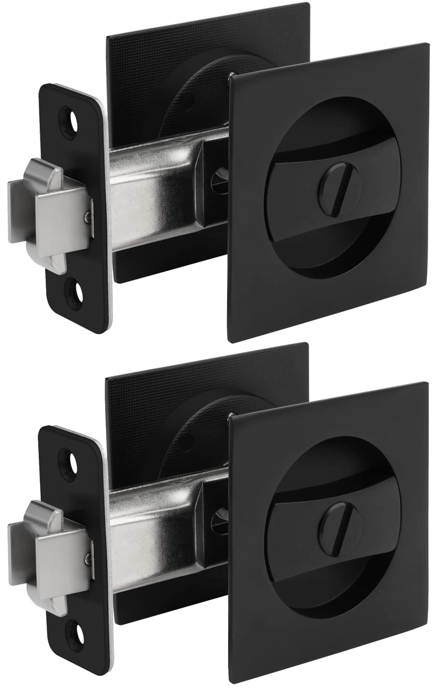 GoldenWarm Matte Black Pocket Door Lock - 2 Pack Contemporary Privacy Square Sliding Door Hardware for Bedrooms, Bathrooms & Closets