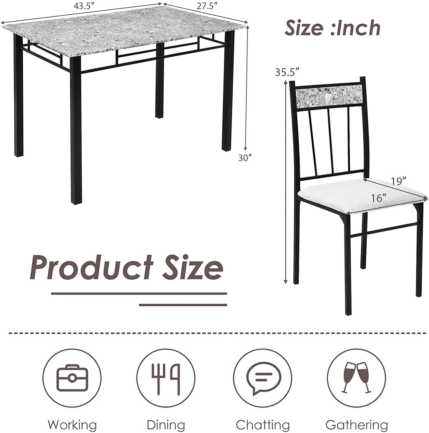 Modern 5-Piece Marble Dining Table Set with Sponge Cushion - Kitchen & Dining Room Furniture for Apartment, Restaurant, Living Room | Perfect for Family Gatherings, Dinner Parties & Small Space Dining