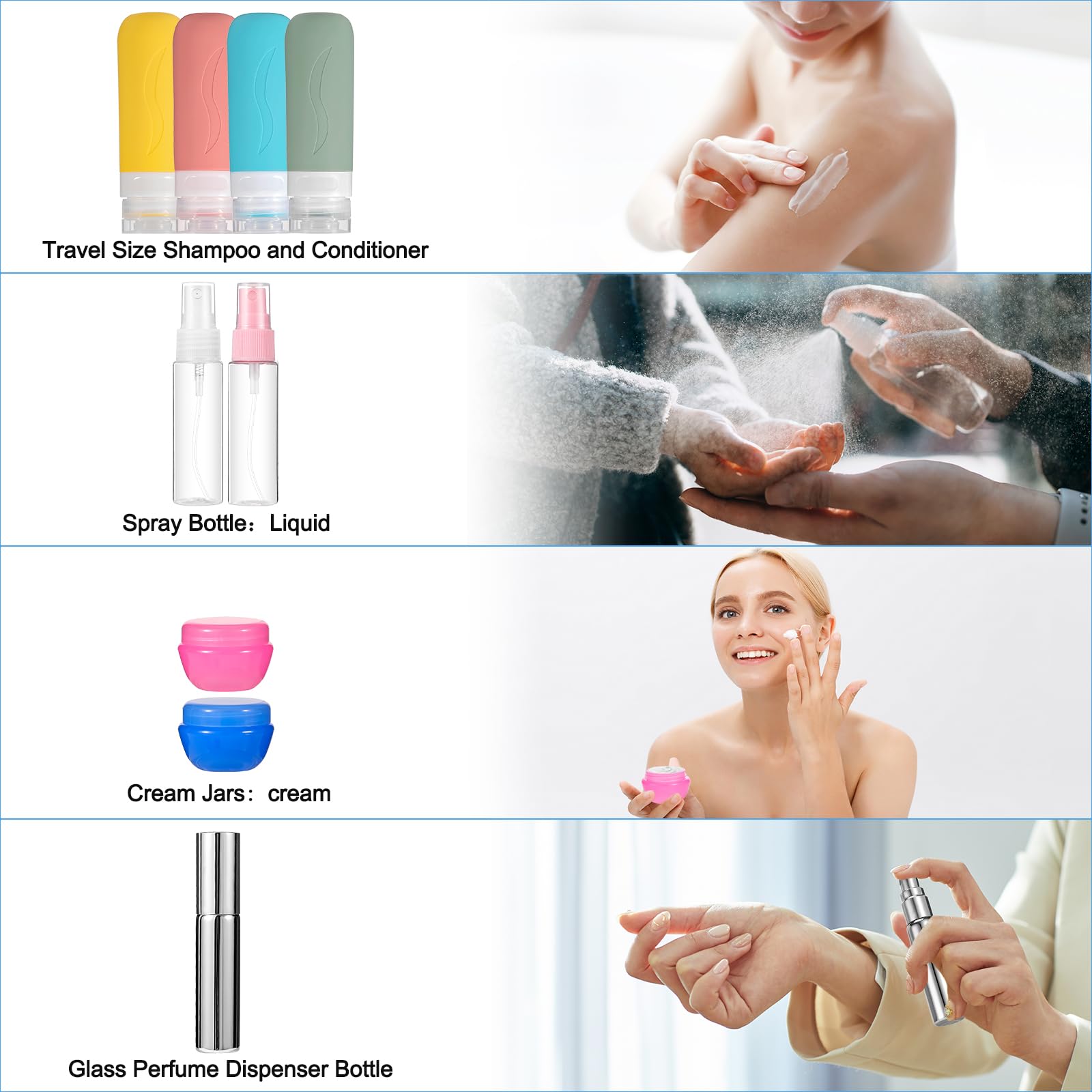 19 Pack Travel Size Toiletries Containers Set - Refillable Leak Proof Perfume Bottles & TSA Approved Clear Toiletry Bag for Women | Perfect for Airplane Carry On, Vacation Essentials & Gym Must Haves