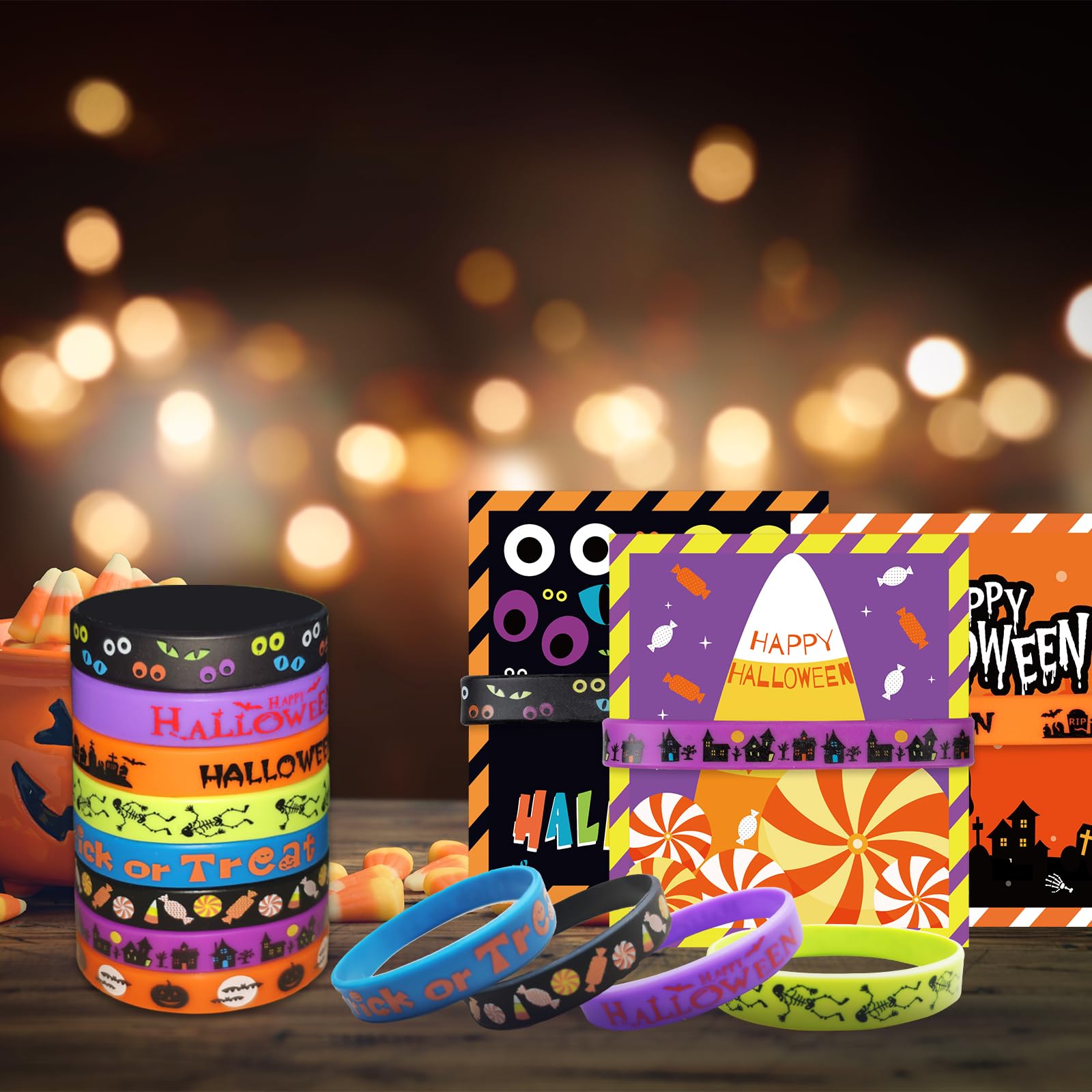 GuassLee 40pcs Halloween Party Favors for Kids - Silicone Rubber Bracelets & Cards Set, Trick or Treat Gifts, Halloween Giveaways & Goodie Bag Fillers - Perfect for Classroom Parties, Costume Events & Neighborhood Halloween Fun