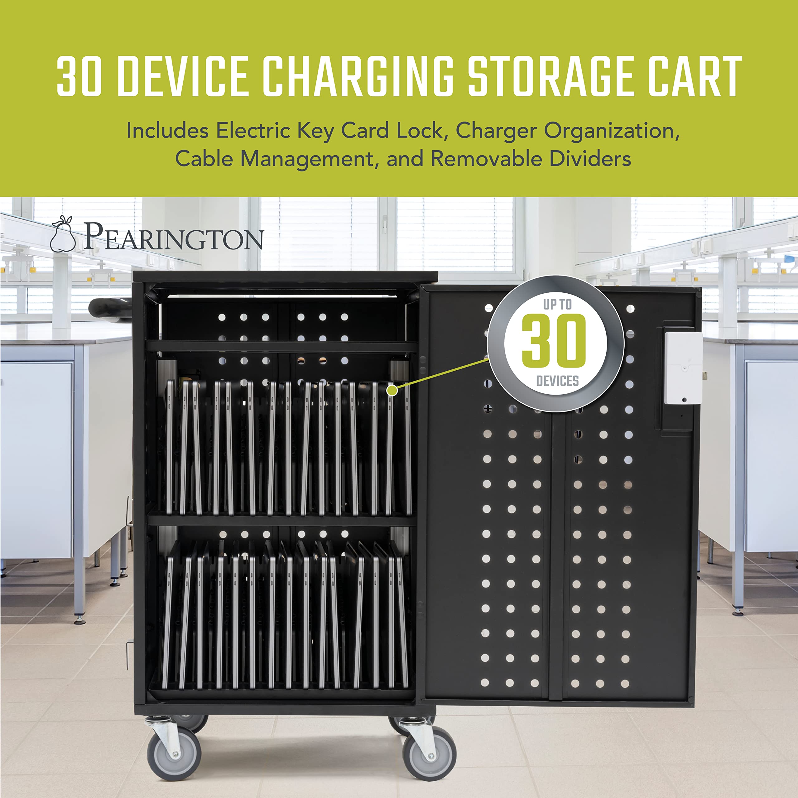 Pearington 30 Device Charging Cart with Electric Key Card Lock | Organize Chargers & Cables | Mobile Laptop & Chromebook Charging Station | Black | Perfect for Schools, Offices & Tech Labs