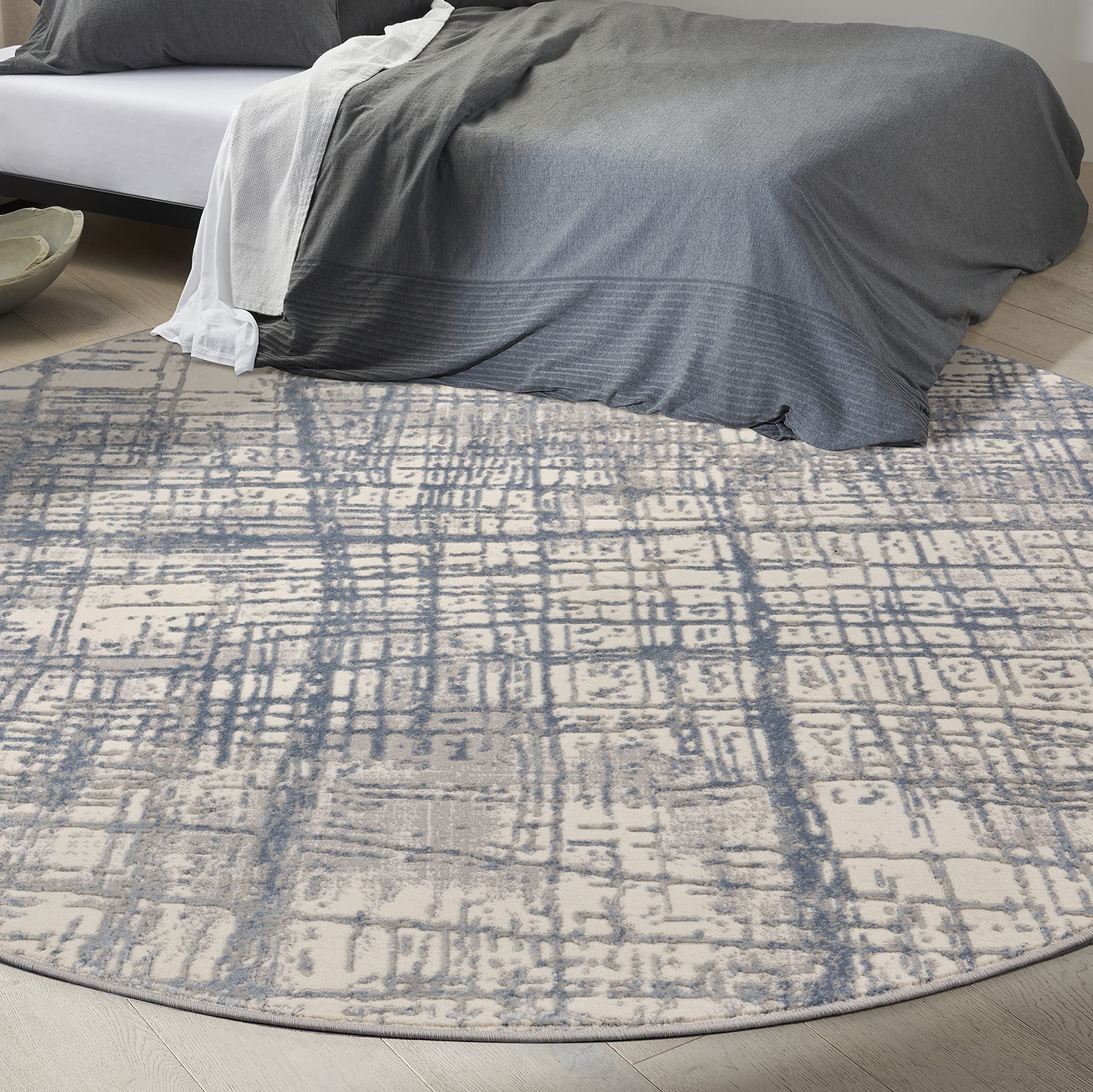 Calvin Klein Rush Ivory Blue 8' Round Area Rug - Modern Abstract Design, Easy to Clean & Non-Shedding - Perfect for Bedroom, Living Room, Dining Room & Kitchen Decor