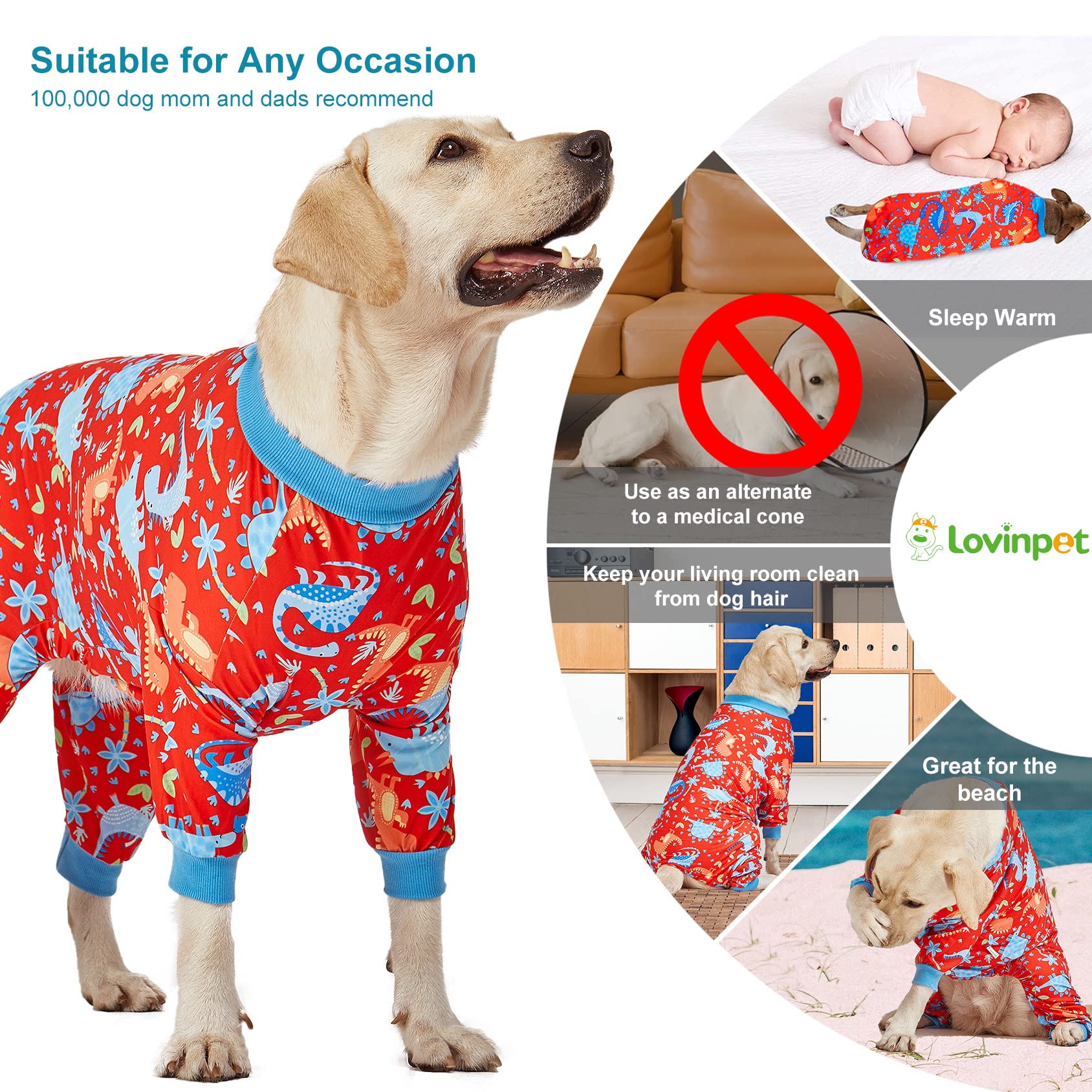 LovinPet Pitbull Dog Pajamas - Large Dog Onesies for Surgery & Wound Care, Lightweight Stretchy Knit Dinosaur Print Pajamas with UV Protection - XL Dog Costume for Anxiety Relief & Comfort | Perfect for Post-Surgery Recovery, Winter Warmth, and Pet Photo Shoots