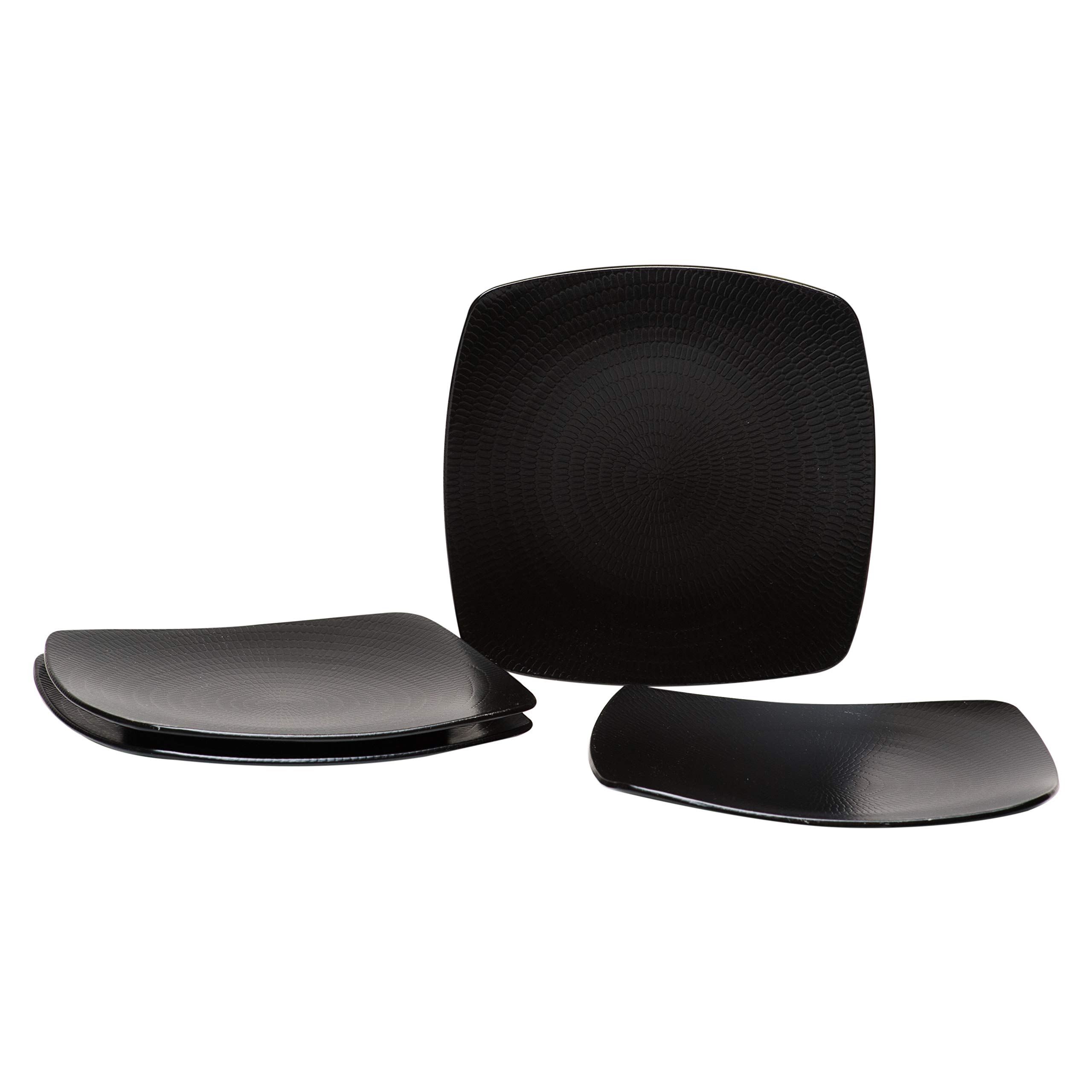 Black Rice Square Salad Plate Set of 4 - 8 Inch Textured Stoneware Dinner Plates, Microwave & Dishwasher Safe - Modern Contemporary Dinnerware for Casual Dining, Entertaining & Home Decor