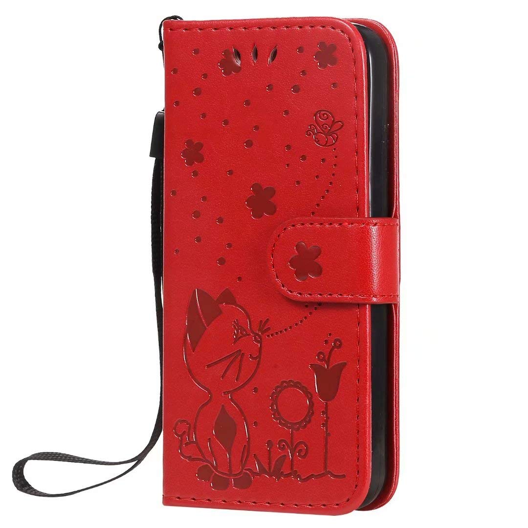 **Google Pixel 2 Wallet Case – Cat Embossed Leather Flip Cover with Card Slots, Kickstand & Wrist Strap | Protective Phone Case for Daily Use, Travel & Hands-Free Convenience**