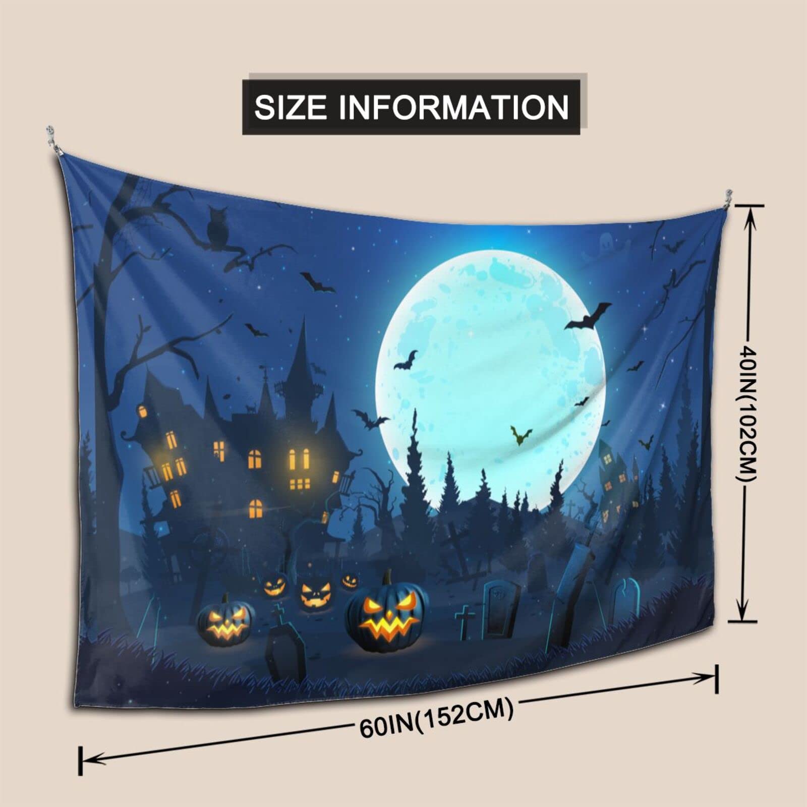 Vthxloi Halloween Tapestry - Spooky Moon & Pumpkin Wall Hanging for Home Decor (60x40 Inches) | Hippie Aesthetic Dorm Room Tapestry for Bedroom, Living Room & Party Decorations