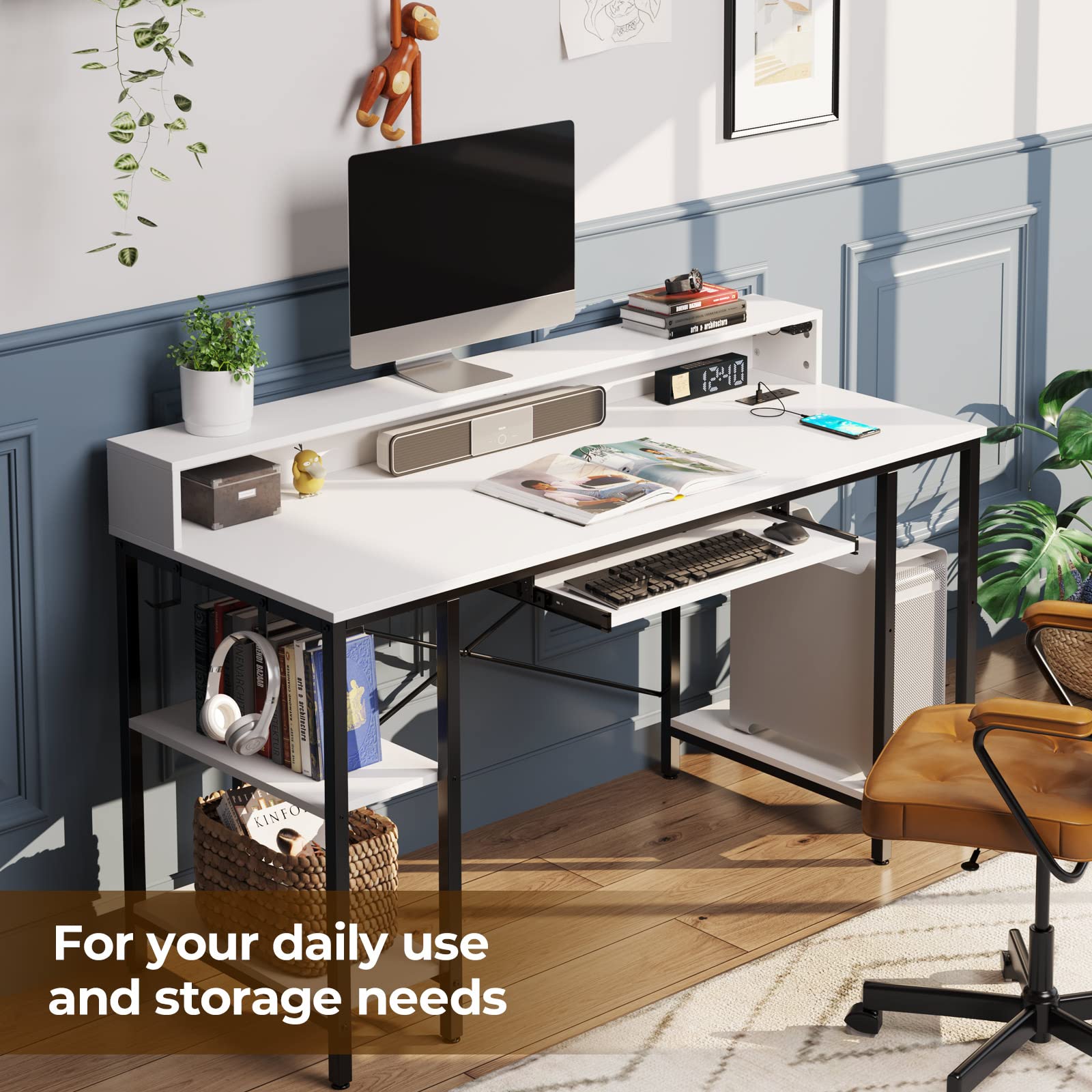 Rolanstar 54-inch LED Gaming Desk with Power Outlets, Storage Shelves & Keyboard Tray - Modern Home Office Computer Desk with Monitor Stand, White | Perfect for Gaming Setup, Remote Work & Study Space