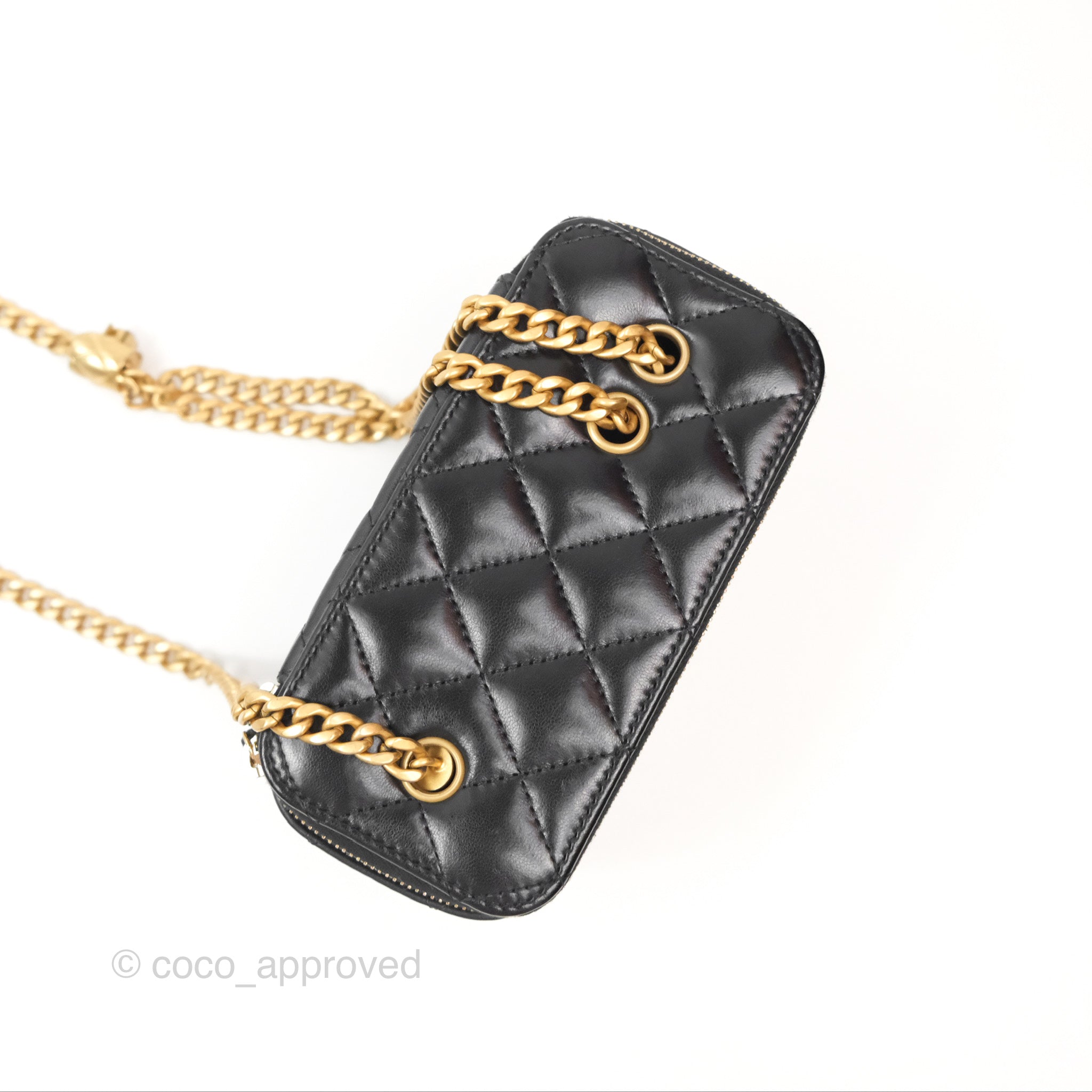 Chanel Adjustable Chain Black Lambskin Vanity Slide Bag with Aged Gold Hardware - Perfect for Evening Events, Date Nights & Luxury Fashion Accessories