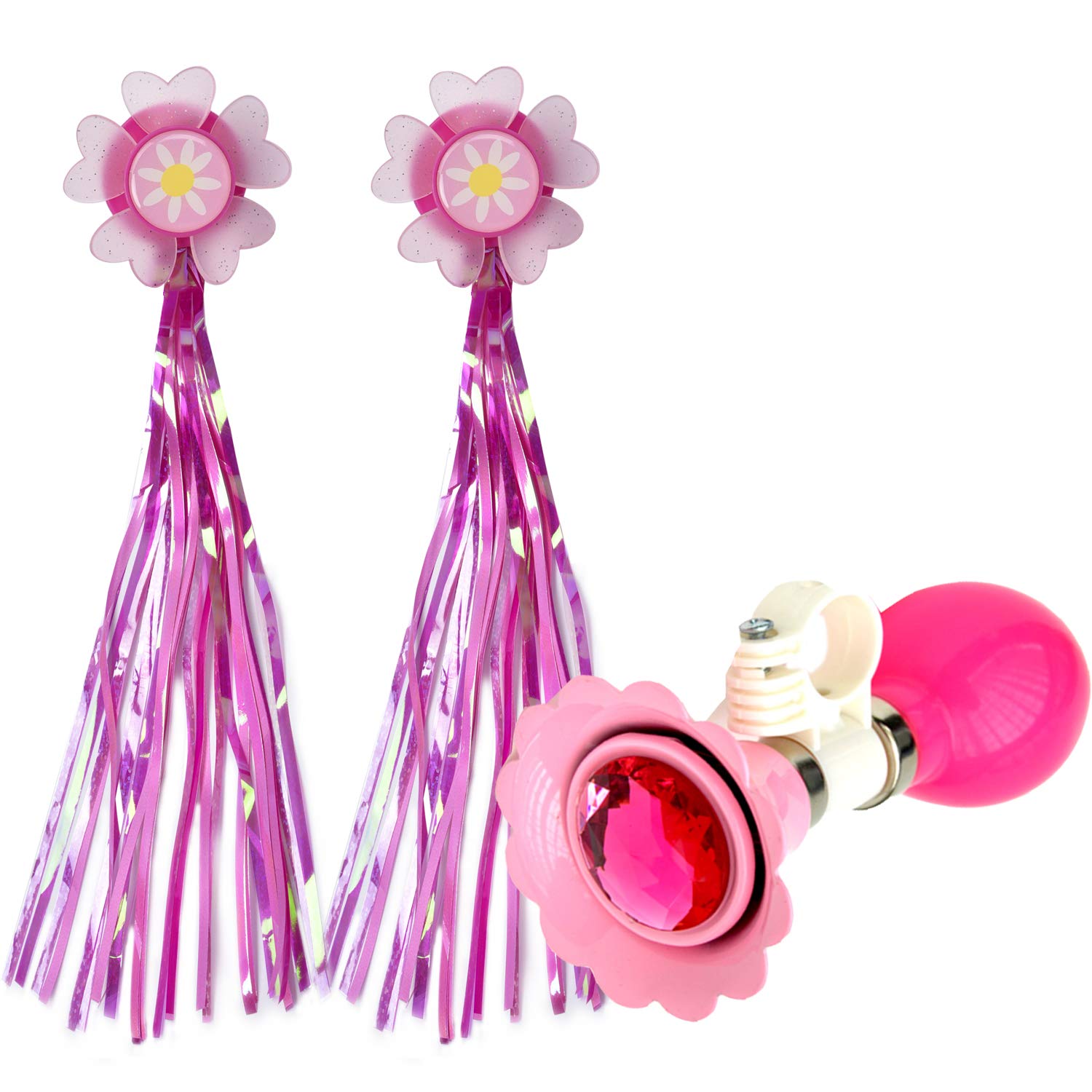 2 Pack Kids Bike Horn & Handle Streamers - Fun Bicycle Bell Accessories for Boys & Girls (Pink) | Safe Cycling Toys for Children's Bikes | Perfect for Birthday Gifts & Outdoor Play