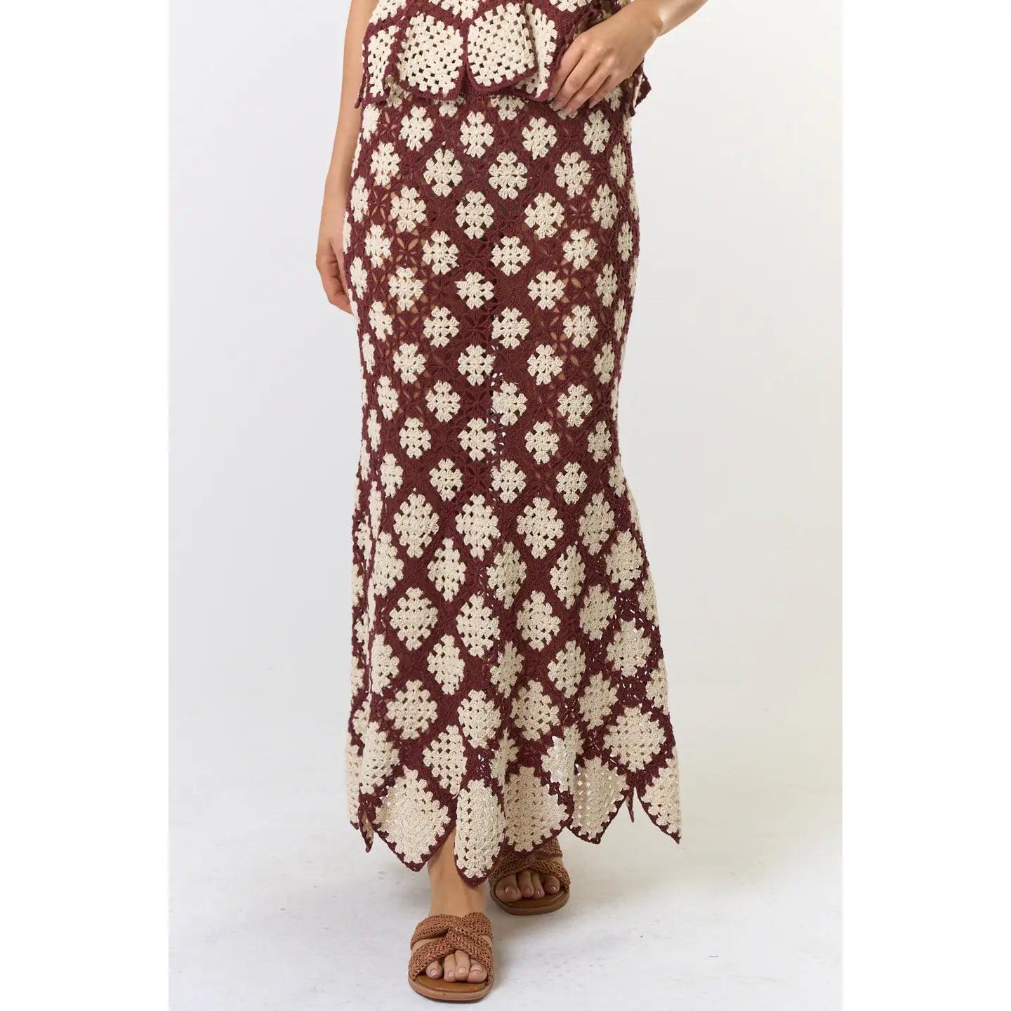 White Lotus Brown Cream Maxi Skirt - Boho Flowy Long Skirt for Women, Perfect for Beach, Vacation, and Summer Outfits
