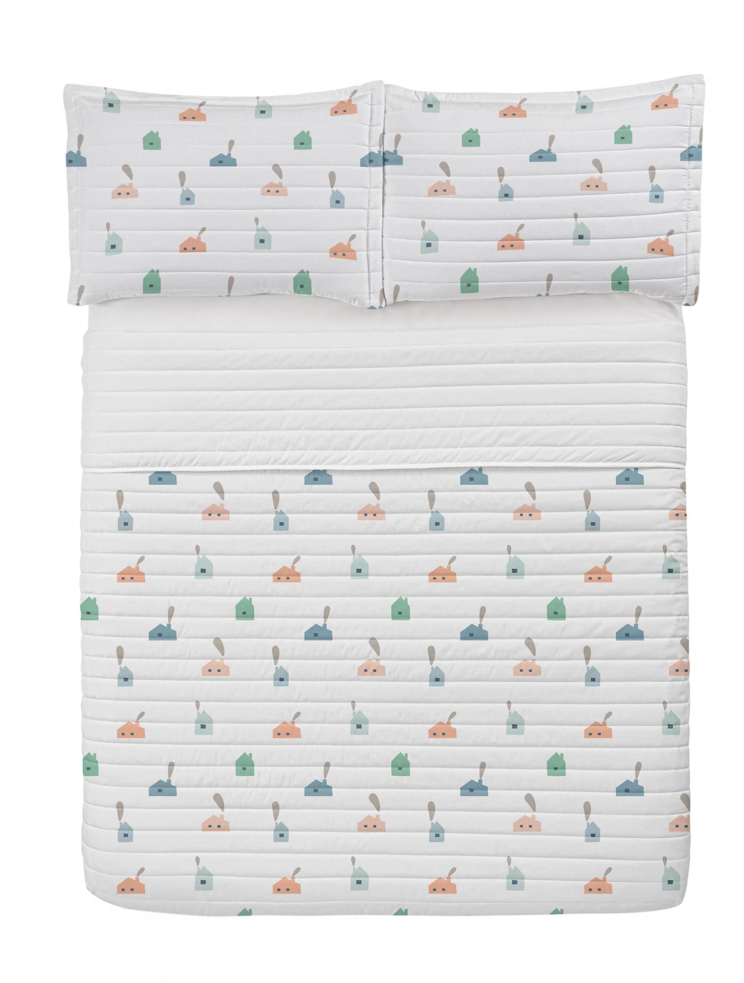 Ambesonne Minimalist Microfiber Bedspread Set - Scandinavian Style Geometric Pattern in White, Pale Teal & Grey - King Size Bedding with Pillow Shams & Comforter - Perfect for Modern Bedrooms, Guest Rooms & Cozy Home Decor
