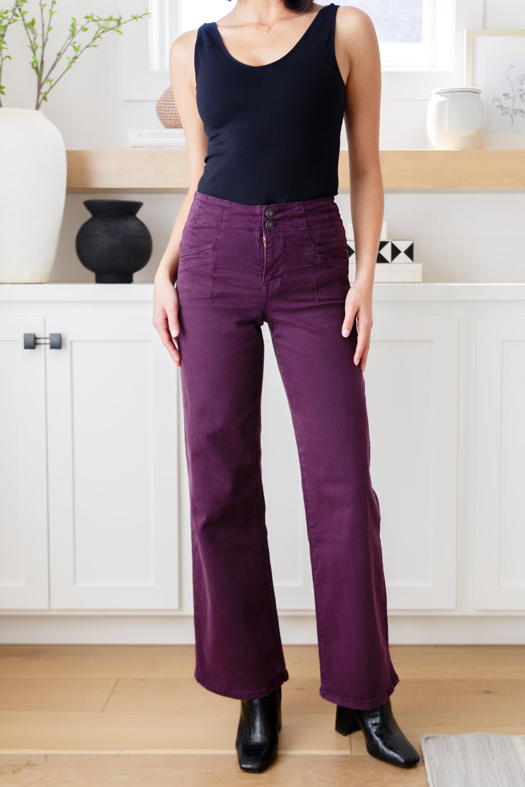 Petunia High Rise Wide Leg Jeans for Women - Comfortable Stretch Denim Pants in Plum Color - Perfect for Casual Outings, Workwear & Everyday Fashion