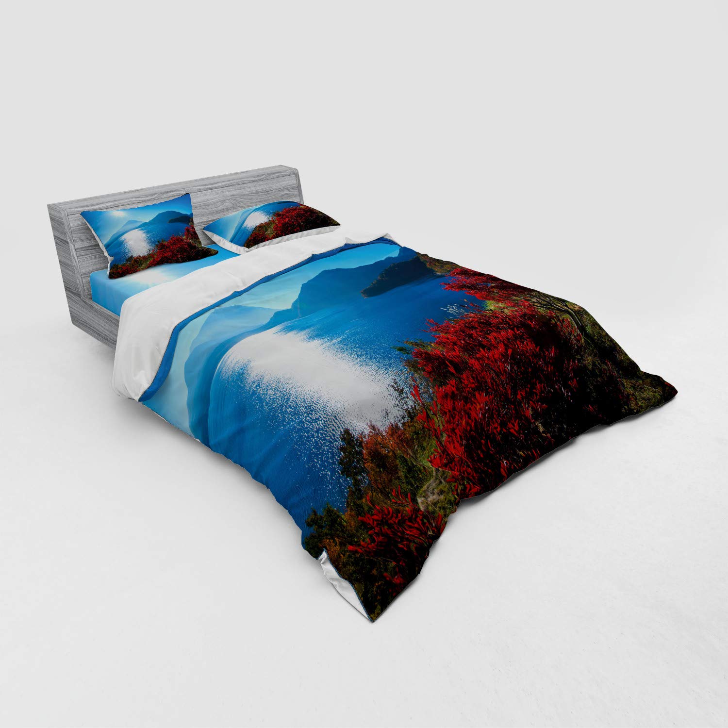 Ambesonne Japan Autumn Landscape Duvet Cover Set - Queen Size 4-Piece Bedding with Trees, Mountains & Ocean Panorama in Blue & Red | Perfect for Fall Decor, Cozy Bedroom & Seasonal Home Styling
