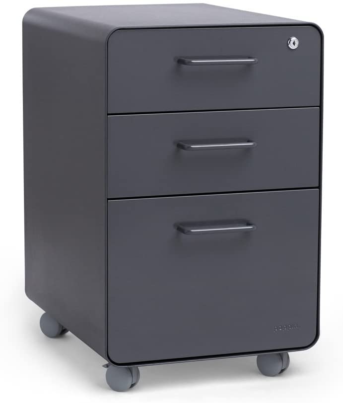 Poppin Stow 3-Drawer Rolling File Cabinet - Charcoal Gray, 2 Utility & 1 Hanging File Drawer, Locking Wheels, Powder-Coated Steel Office Storage Cabinet - Perfect for Home Office, Classroom, and Small Business Organization