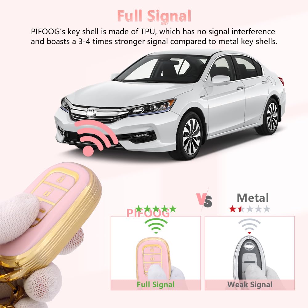 PIFOOG Pink Gold Key Fob Cover for Honda CRV HRV Civic Accord Pilot 2023 2024 - 5 Buttons TPU Key Case Shell Protector, Bling Keychain Accessories for Women (Perfect for Daily Use & Car Key Protection)