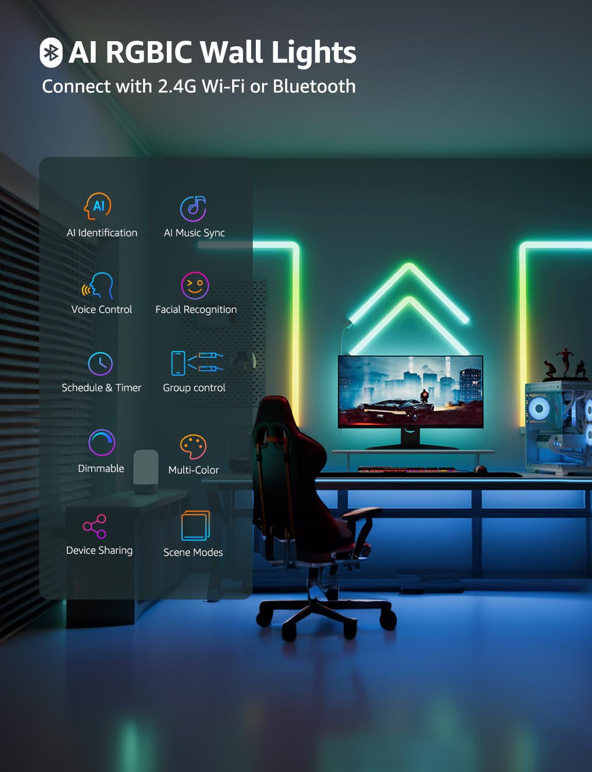 Lepro WL1 AI Glide Smart Wall Light - RGBIC LED Wall Lights with Alexa/Google Assistant, Music Sync & TV Backlight - 8 Pcs + 4 Corners for Gaming Room, Bedroom & Home Theater Lighting
