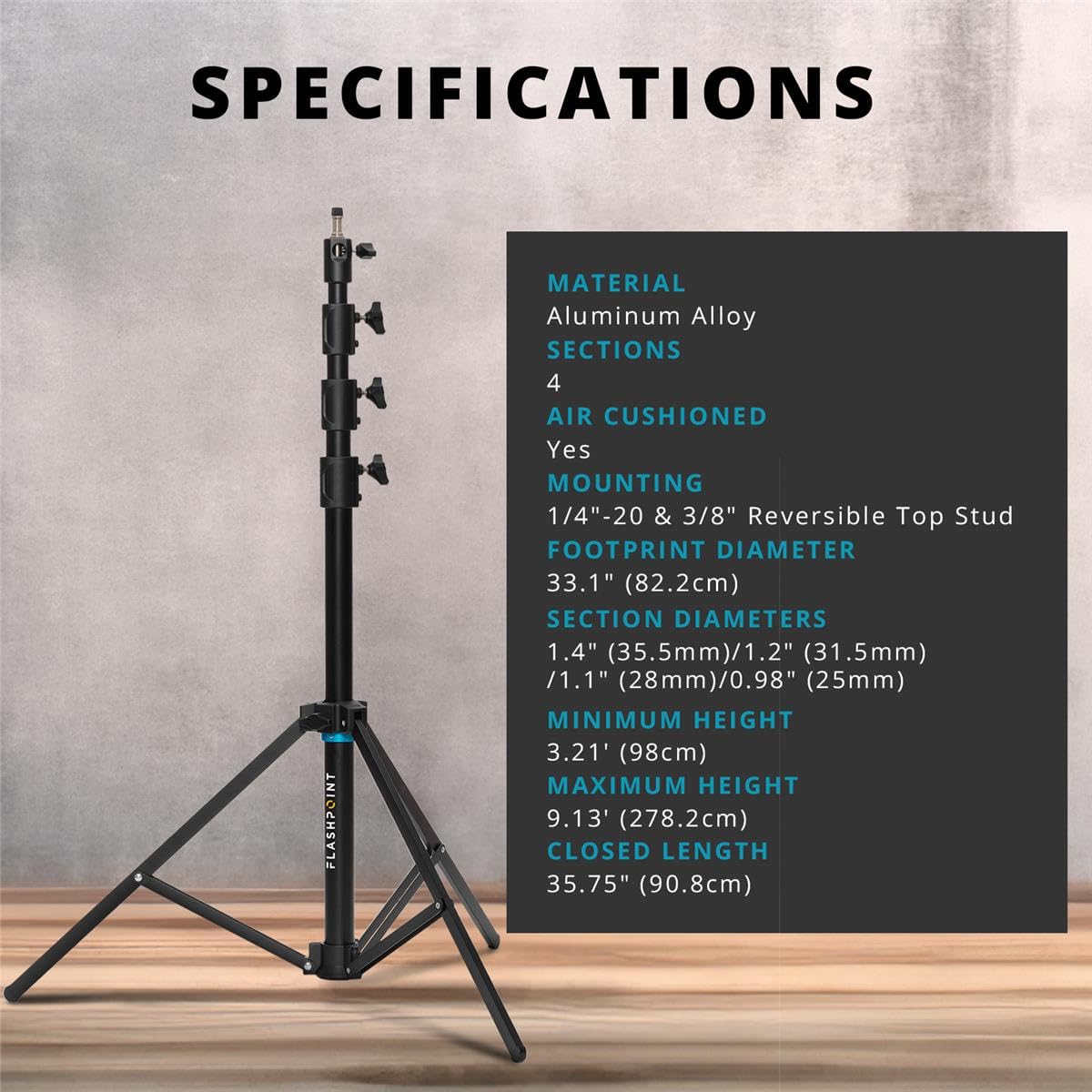Flashpoint 9 Feet Air-Cushioned Automatic Collapsible Light Stand (Auto Stand Pro) - Professional Photography & Video Lighting Support for Studio, Outdoor & Event Shooting